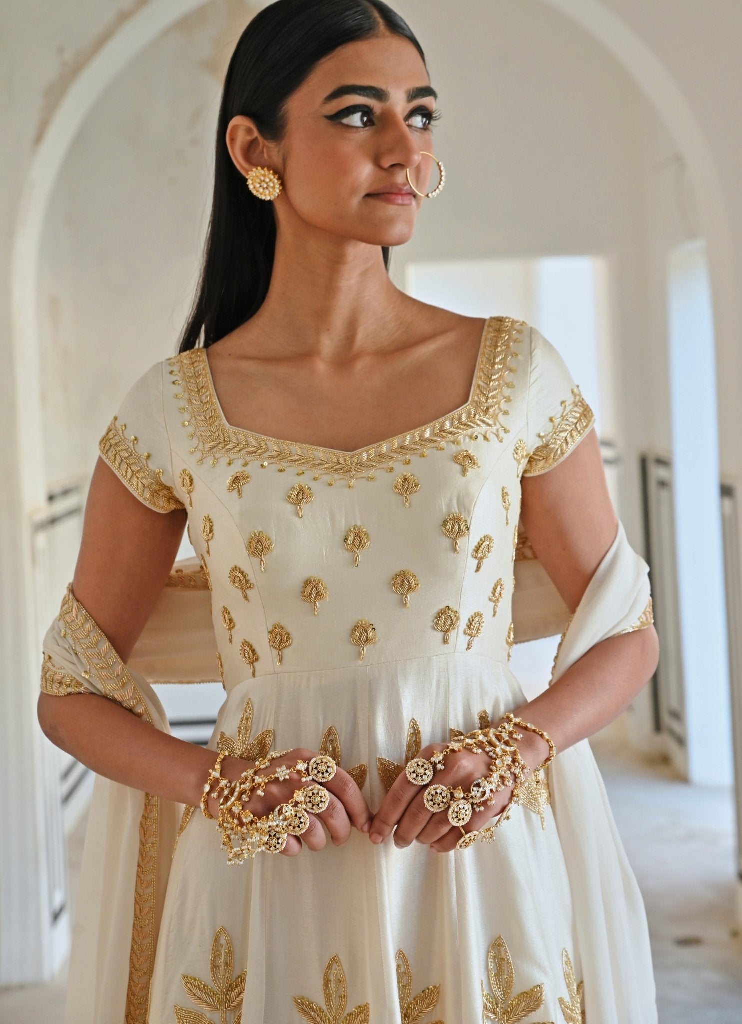 Ivory Floral Embroidered Silk Anarkali (2-Piece) - Image 3