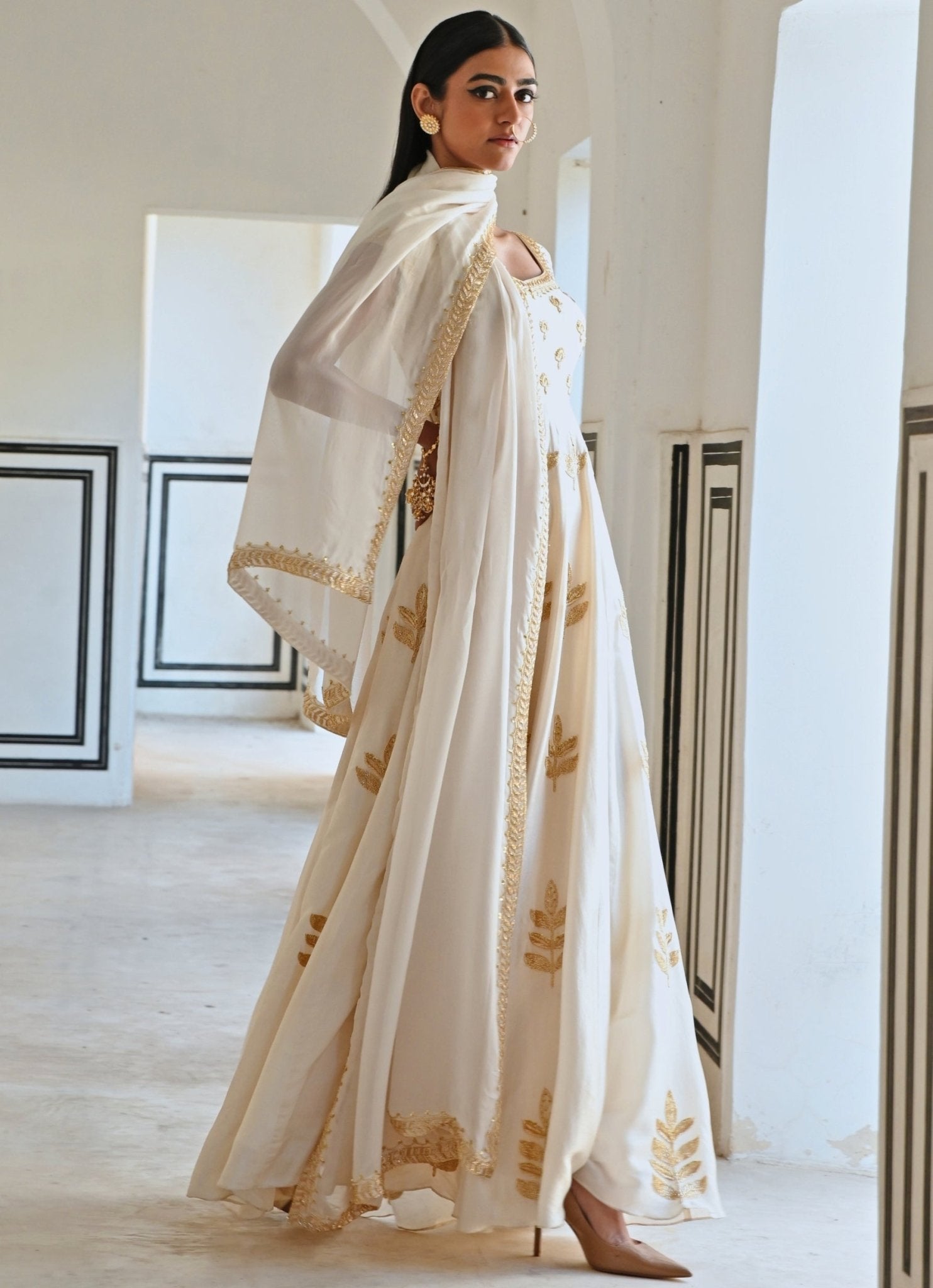 Ivory Floral Embroidered Silk Anarkali (2-Piece) - Image 4