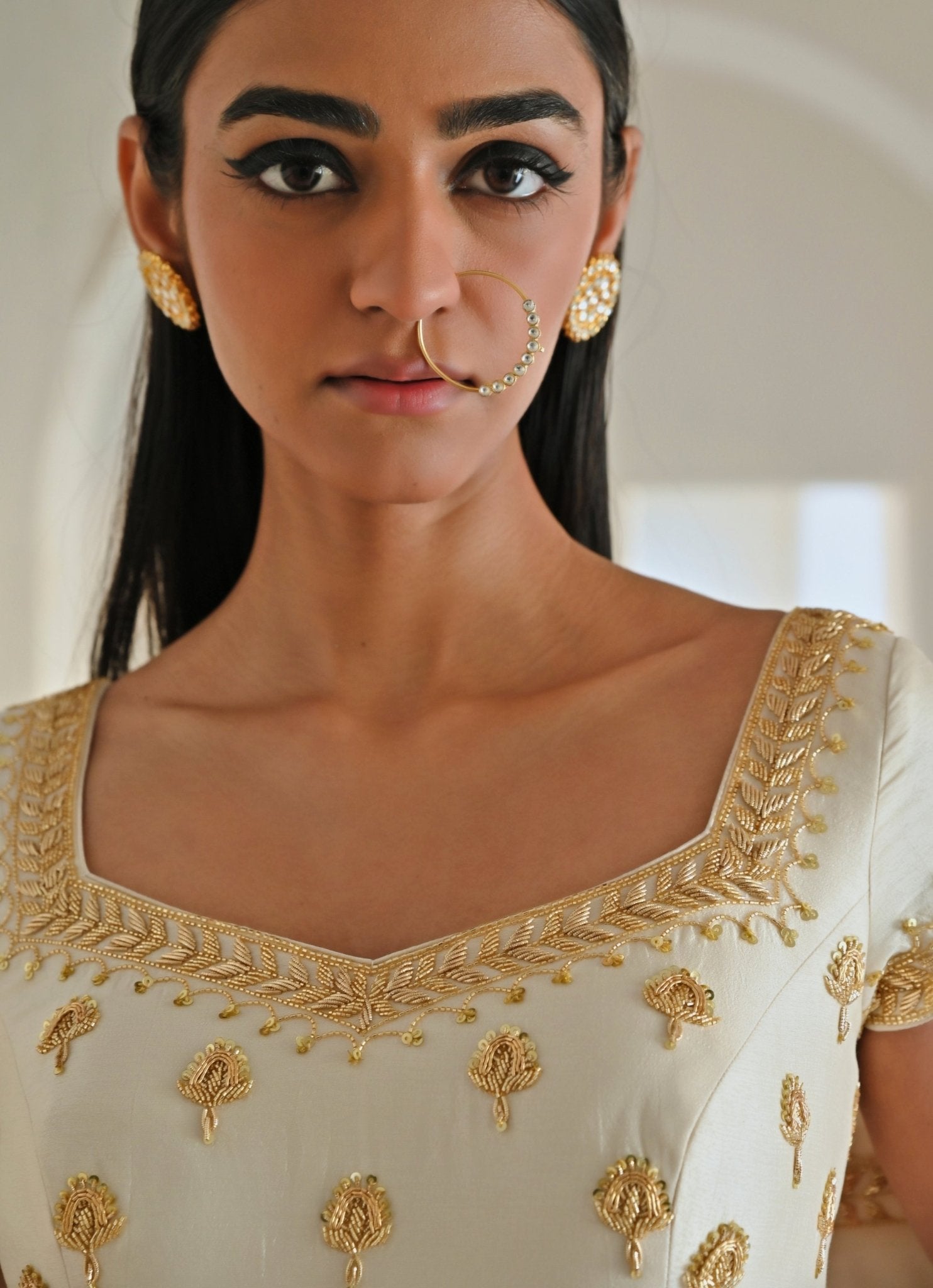 Ivory Floral Embroidered Silk Anarkali (2-Piece) - Image 7