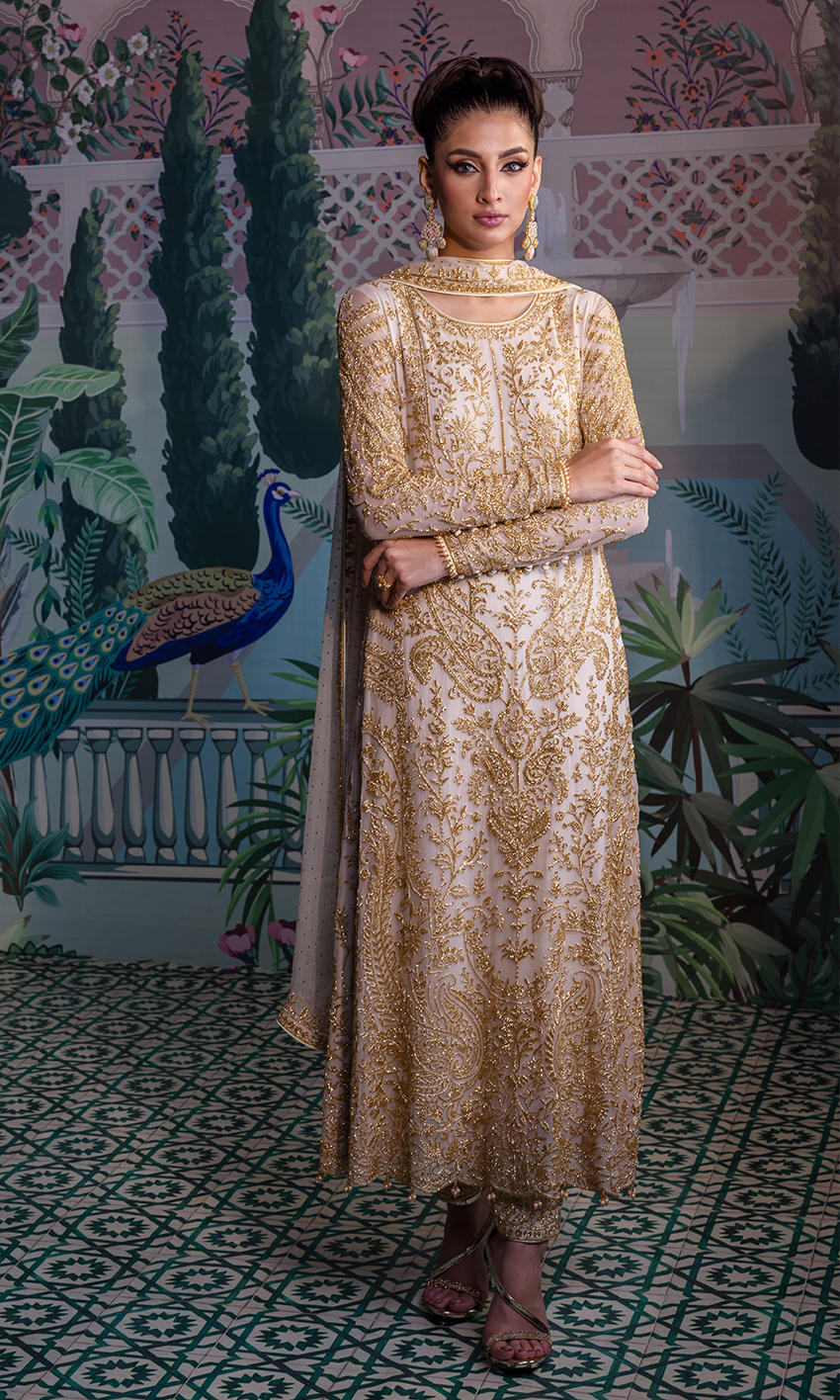 Off-White Gold Embellished Chiffon Anarkali (3-Piece) - Image 1