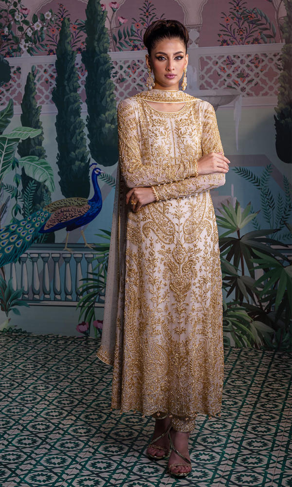 Off-White Gold Embellished Chiffon Anarkali (3-Piece) - Image 2