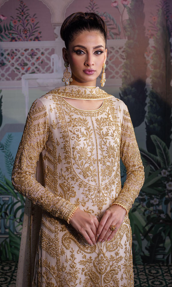 Off-White Gold Embellished Chiffon Anarkali (3-Piece) - Image 3