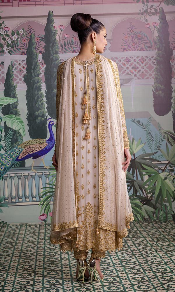 Off-White Gold Embellished Chiffon Anarkali (3-Piece) - Image 4