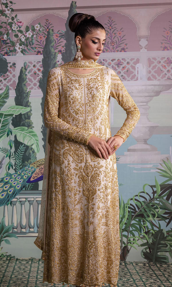 Off-White Gold Embellished Chiffon Anarkali (3-Piece) - Image 6