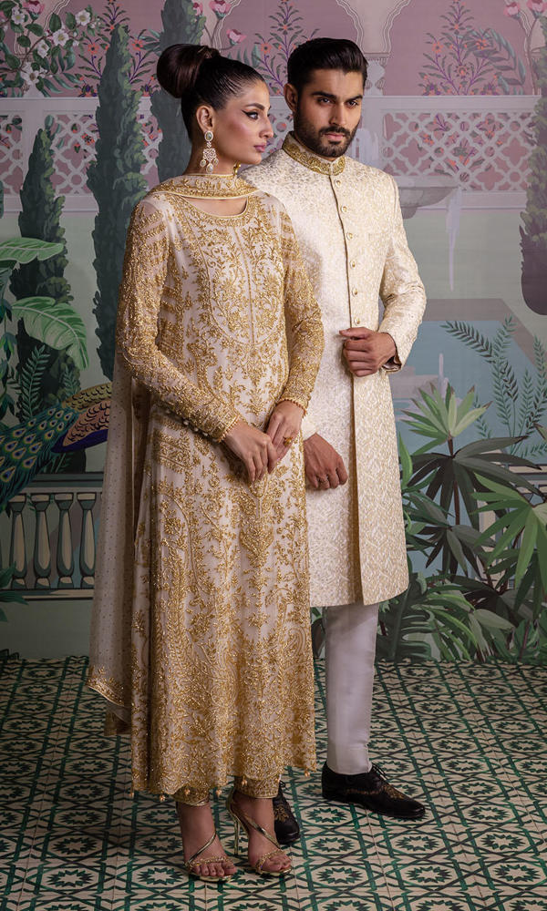 Off-White Gold Embellished Chiffon Anarkali (3-Piece) - Image 7