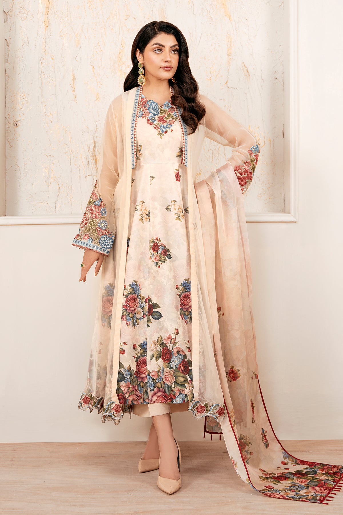 Ivory Embroidered Chiffon Anarkali Dress (3-Piece) - Image 1