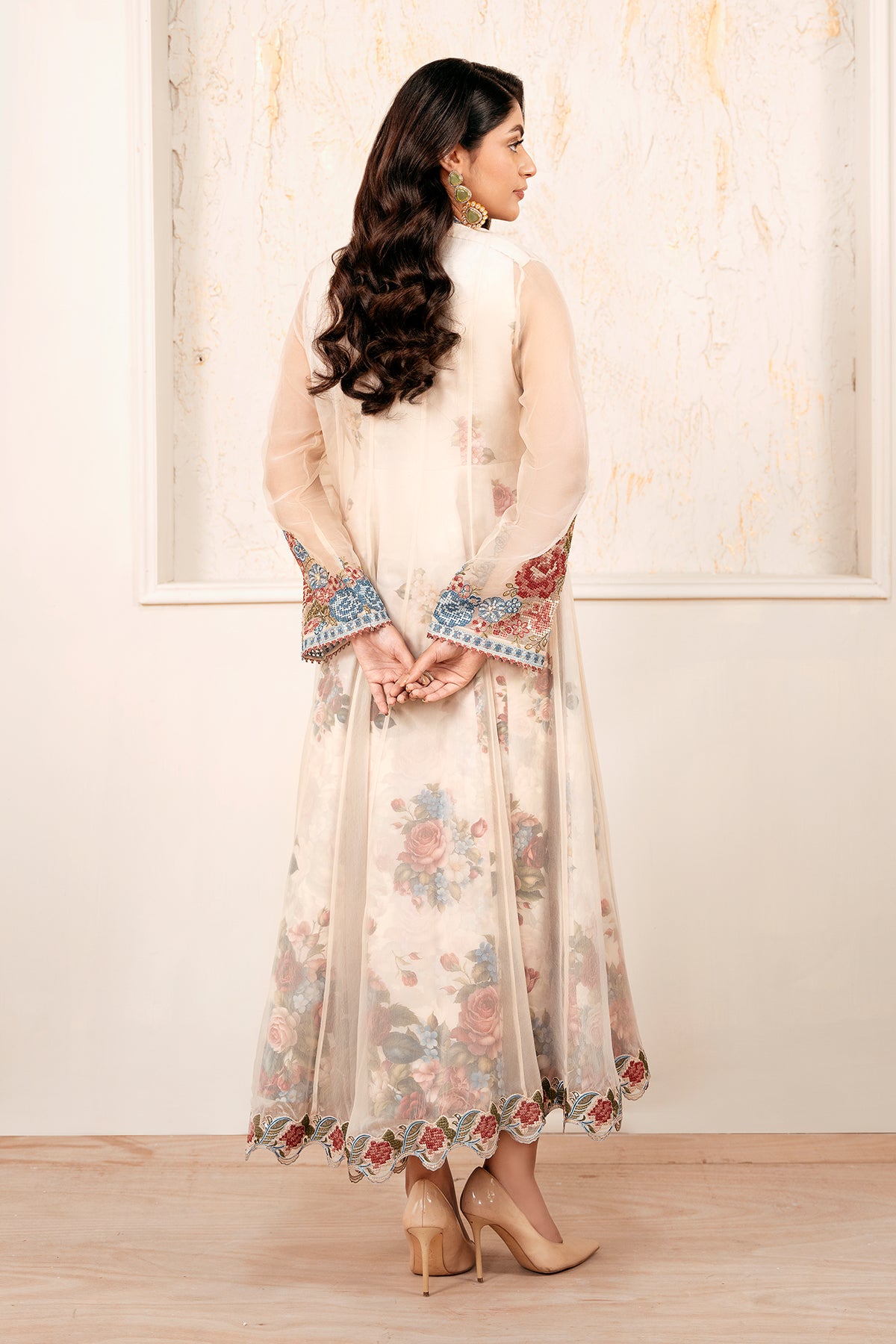 Ivory Embroidered Chiffon Anarkali Dress (3-Piece) - Image 2