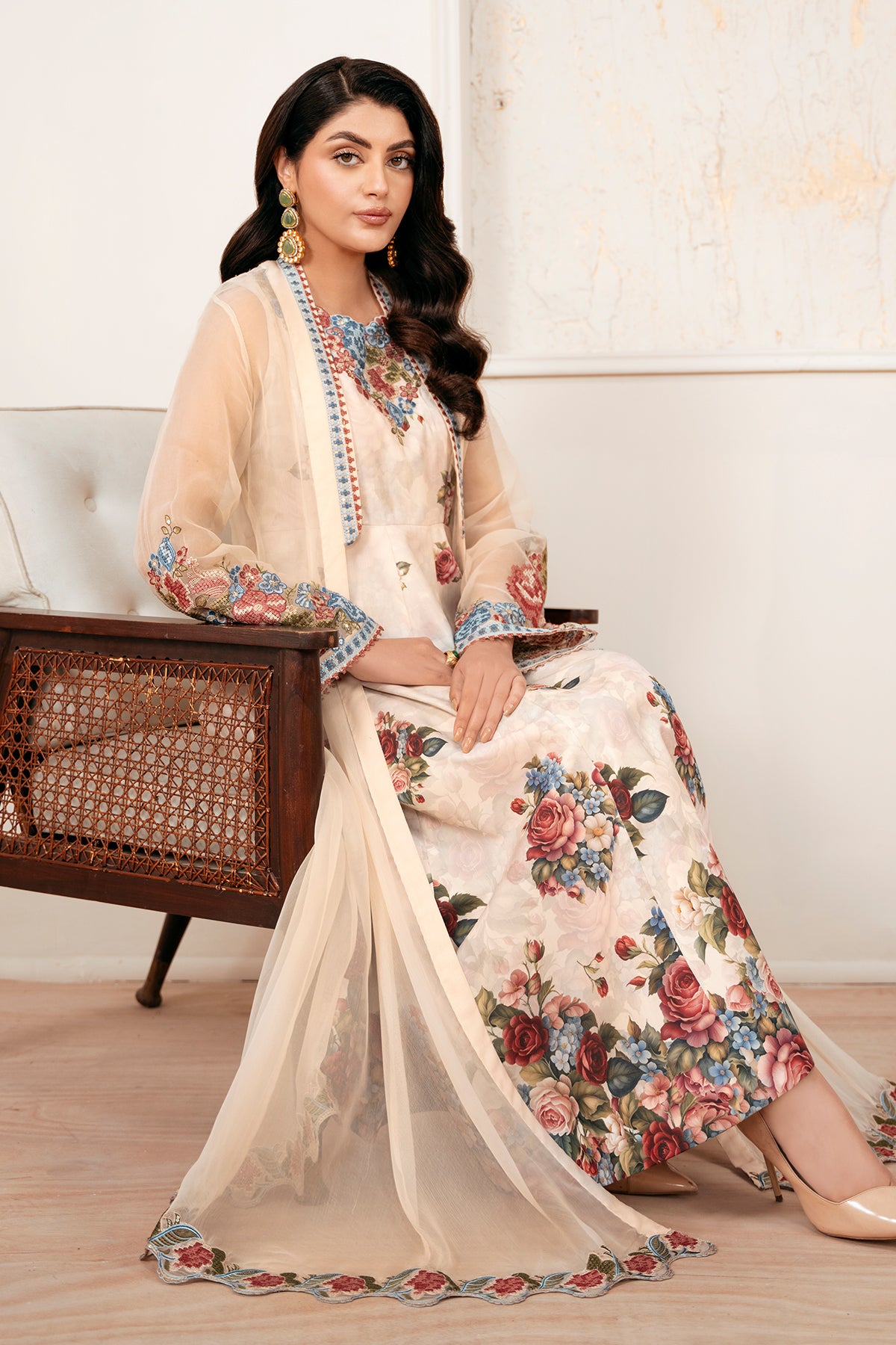 Ivory Embroidered Chiffon Anarkali Dress (3-Piece) - Image 3