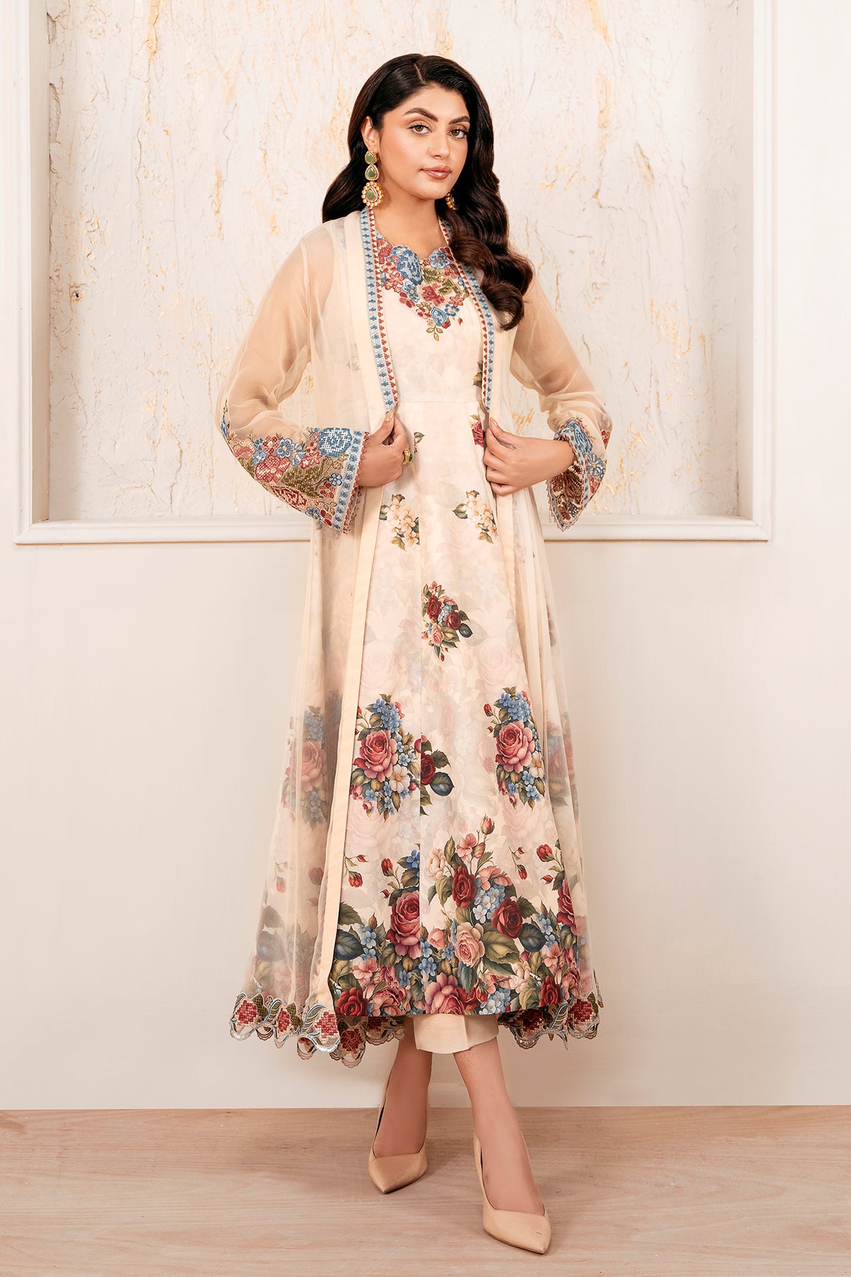 Ivory Embroidered Chiffon Anarkali Dress (3-Piece) - Image 4
