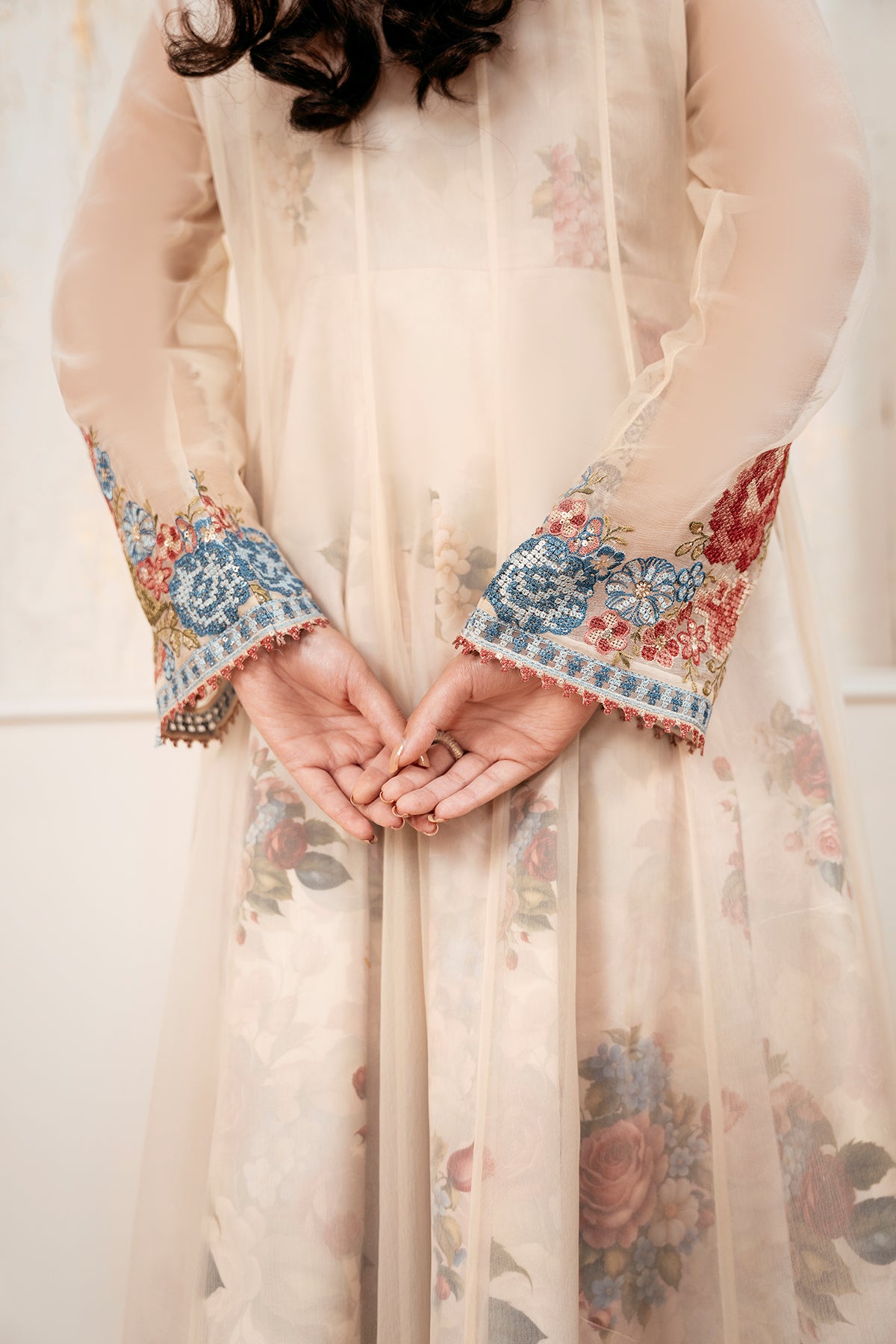 Ivory Embroidered Chiffon Anarkali Dress (3-Piece) - Image 5