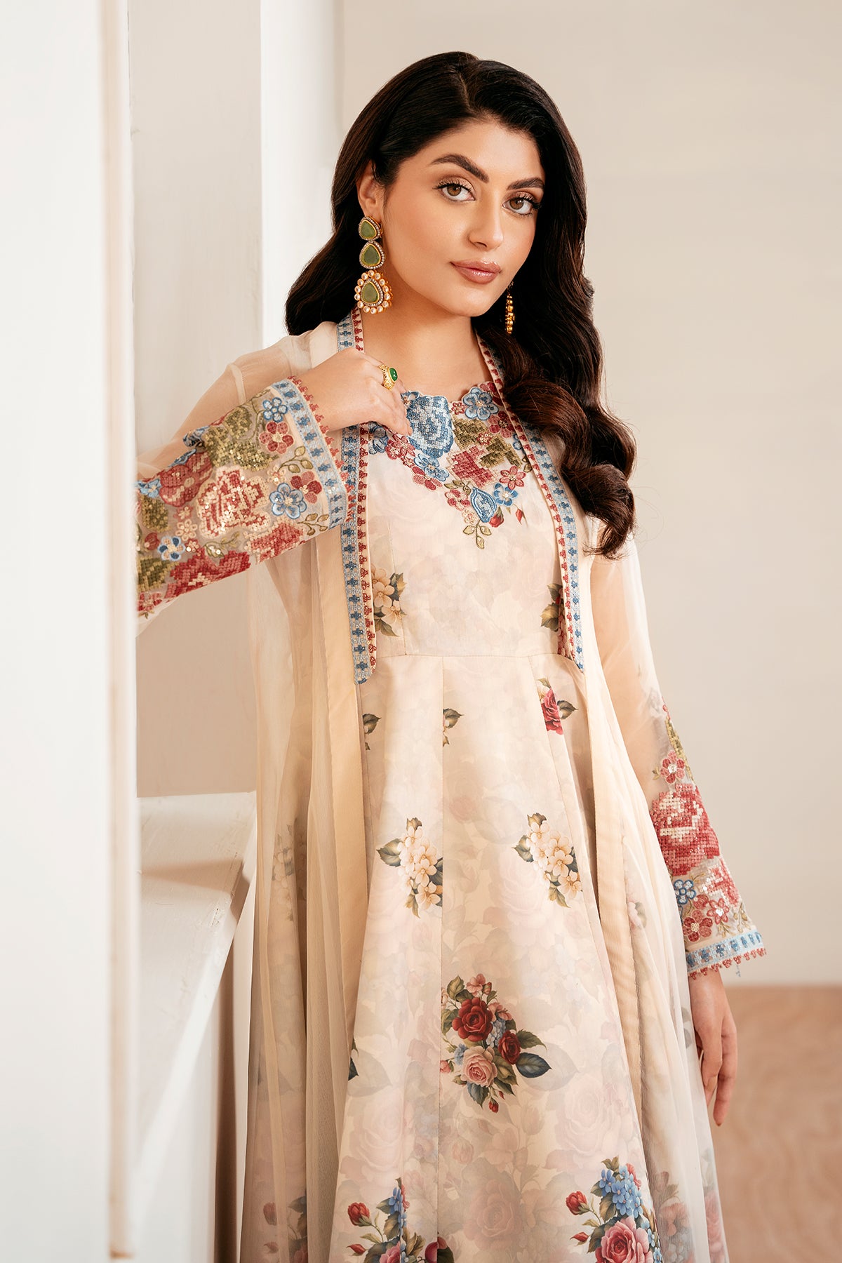 Ivory Embroidered Chiffon Anarkali Dress (3-Piece) - Image 6