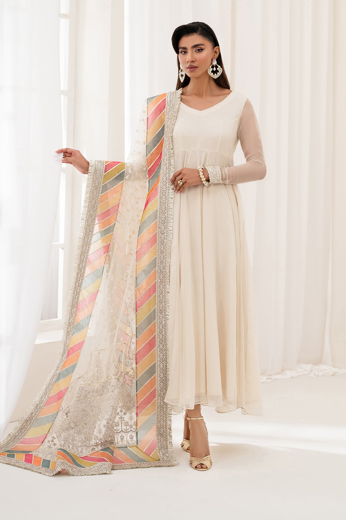 Ivory Embroidered Chiffon Anarkali Dress (3-Piece) - Image 1