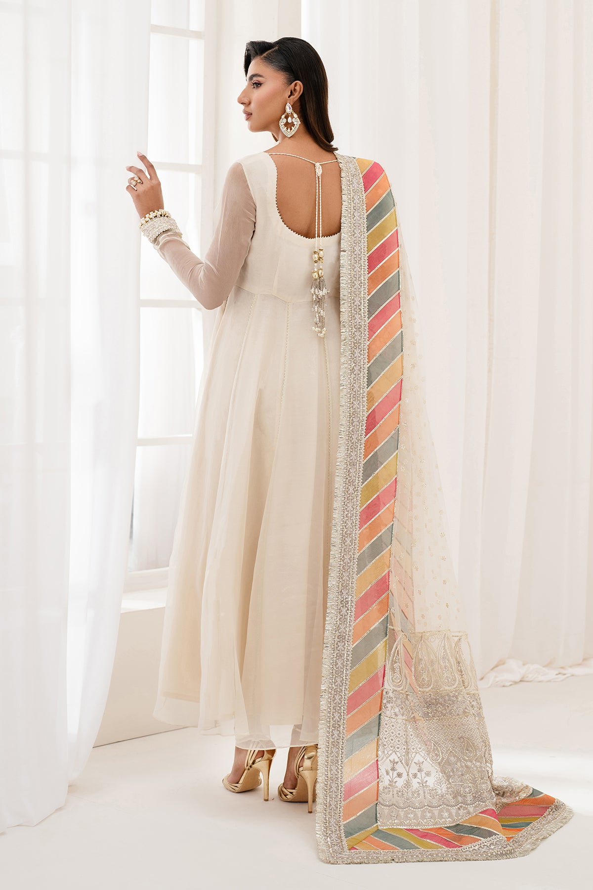 Ivory Embroidered Chiffon Anarkali Dress (3-Piece) - Image 2