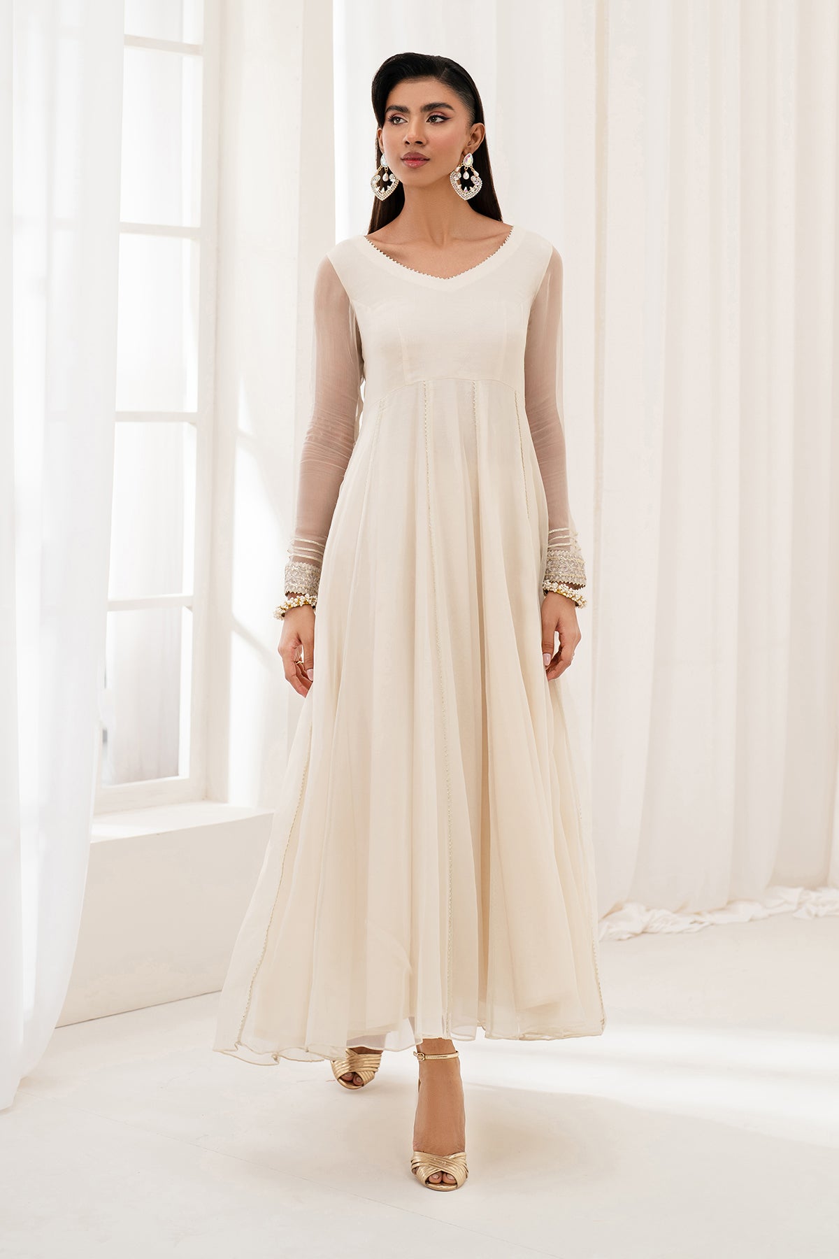 Ivory Embroidered Chiffon Anarkali Dress (3-Piece) - Image 3