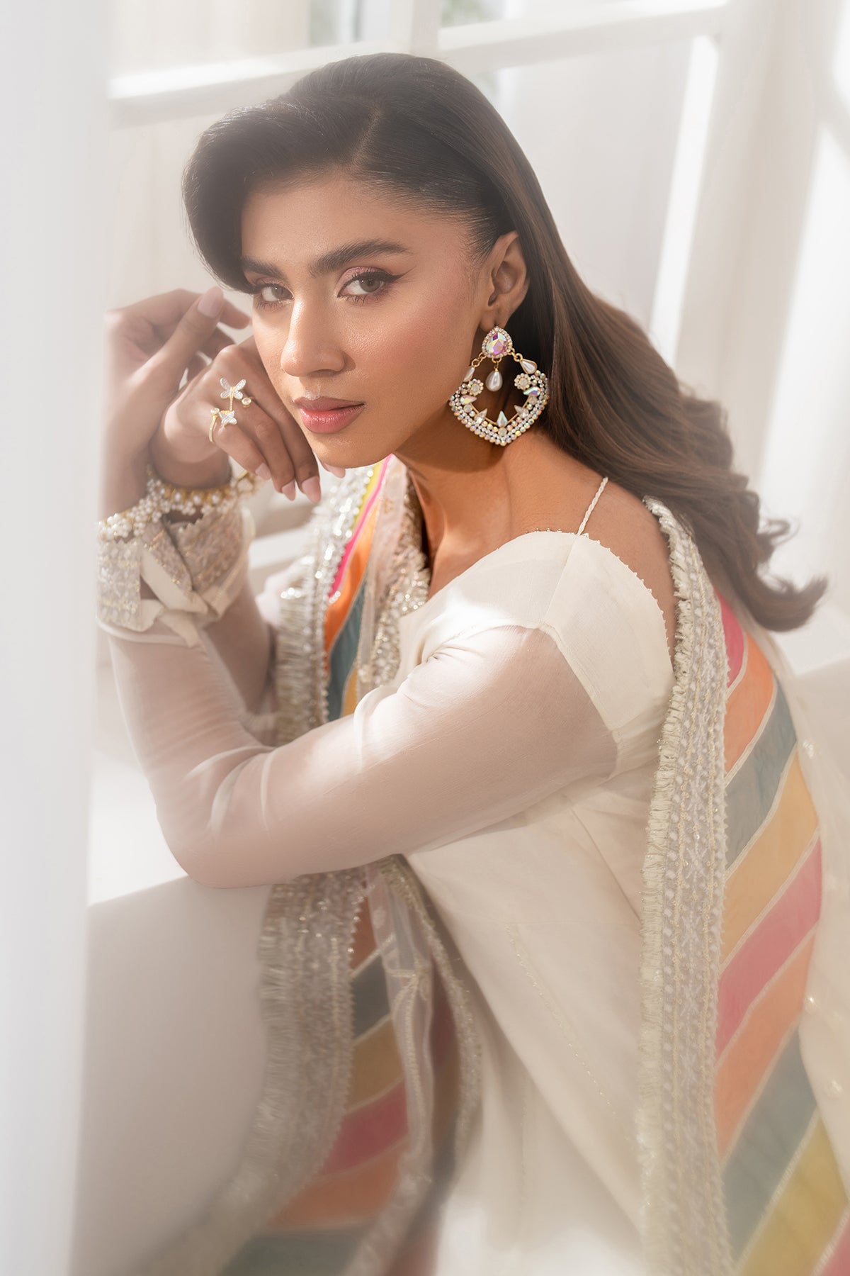 Ivory Embroidered Chiffon Anarkali Dress (3-Piece) - Image 7