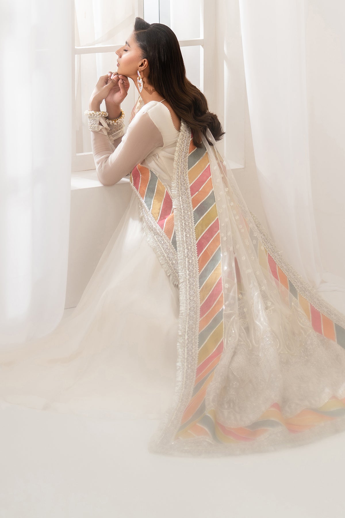 Ivory Embroidered Chiffon Anarkali Dress (3-Piece) - Image 8