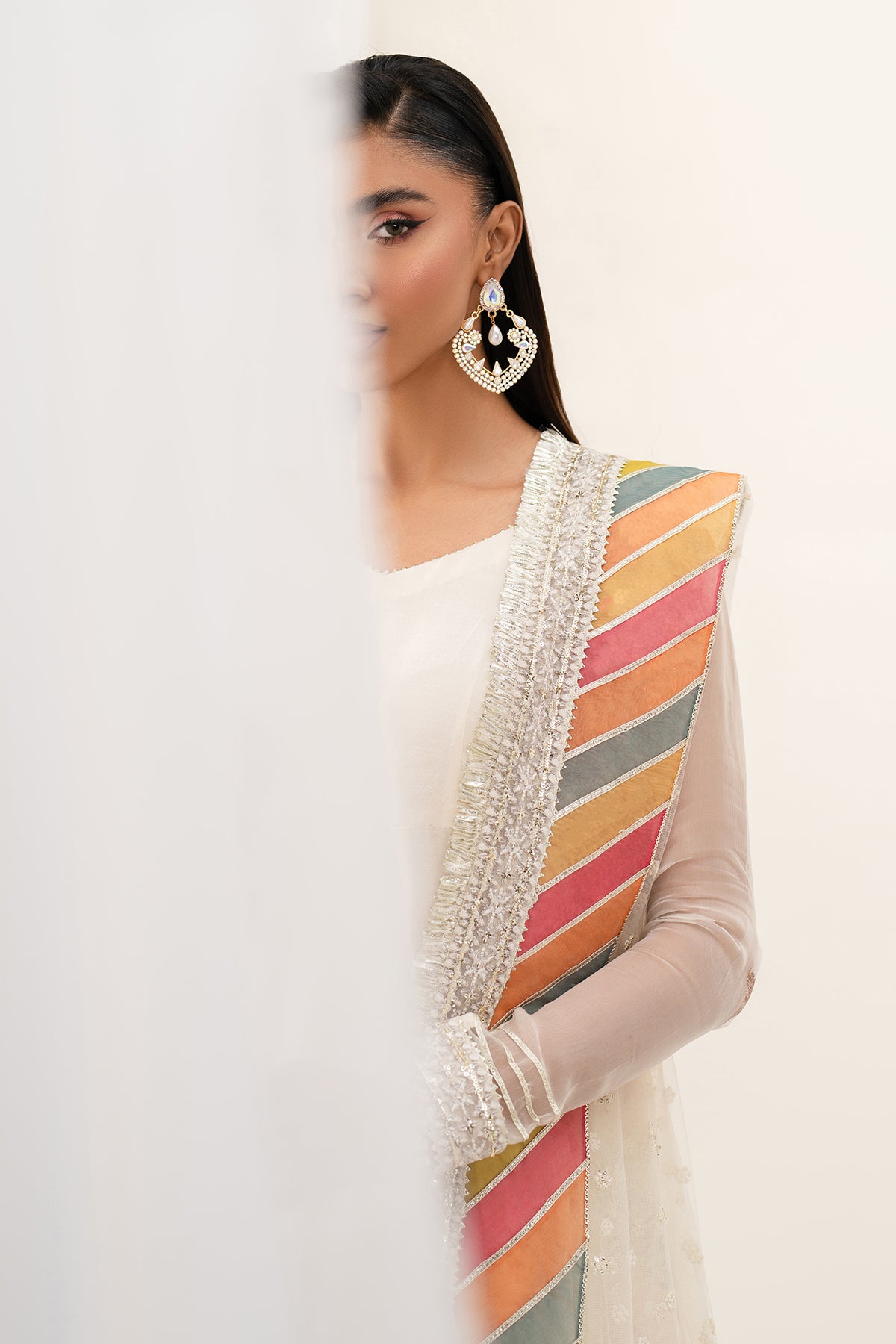 Ivory Embroidered Chiffon Anarkali Dress (3-Piece) - Image 9