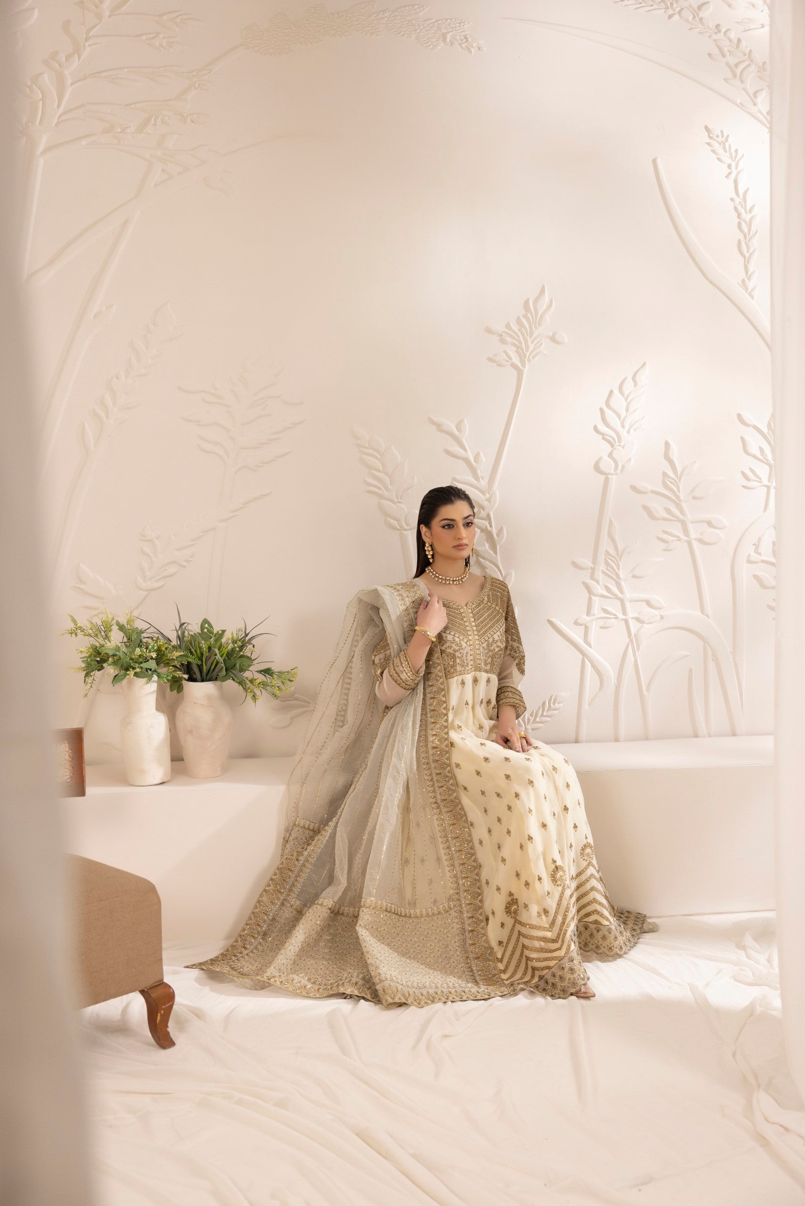Off-White Embroidered Chiffon Anarkali (2-Piece) - Image 11