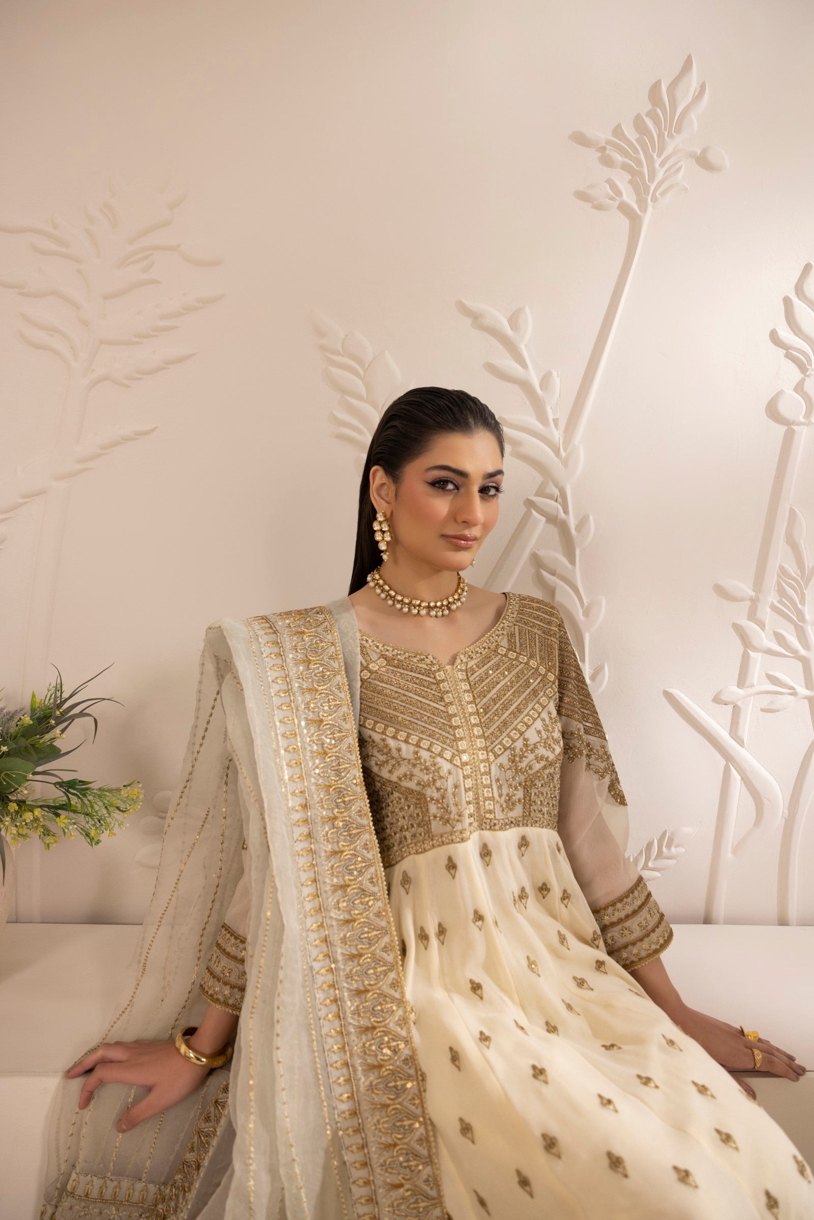 Off-White Embroidered Chiffon Anarkali (2-Piece) - Image 12