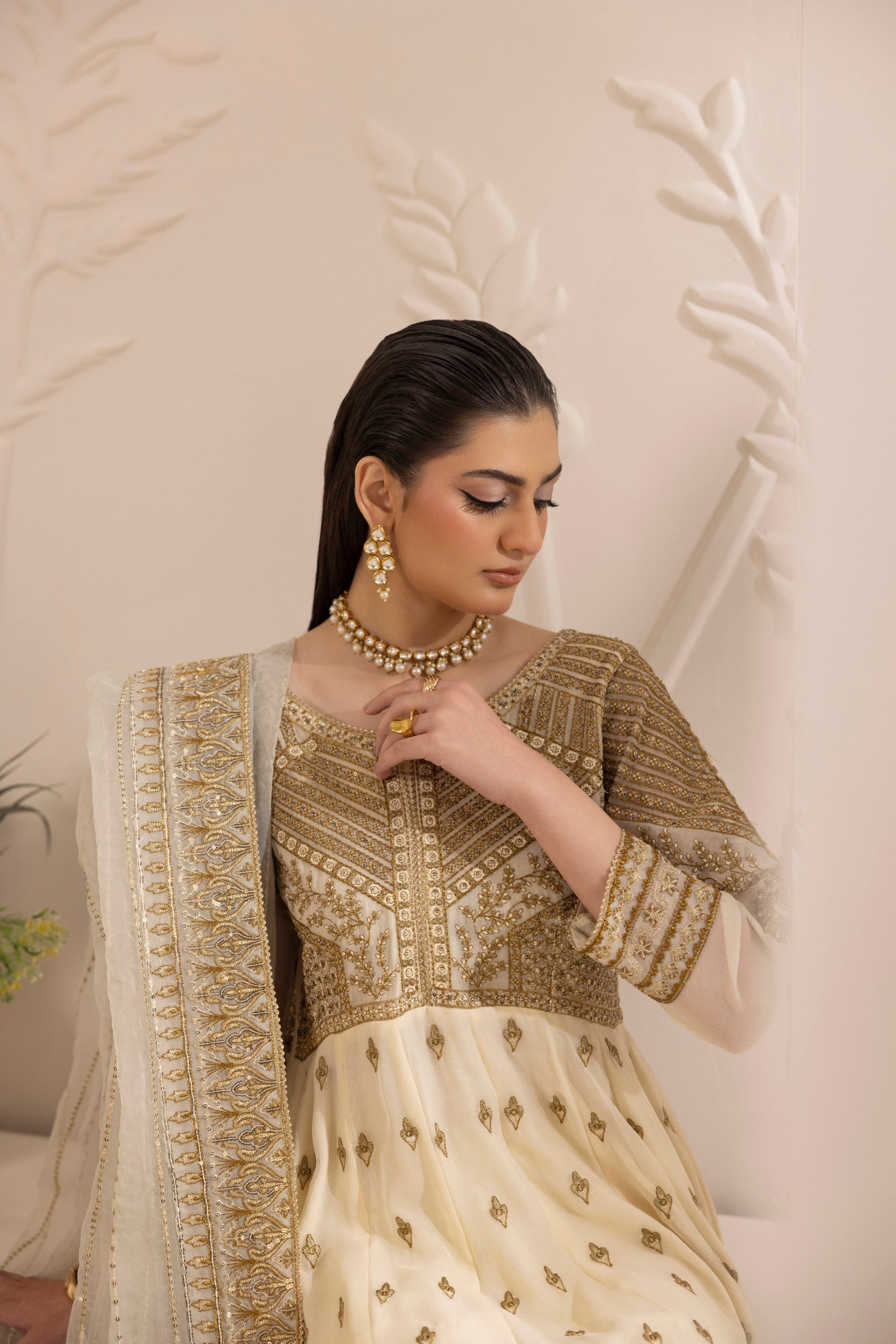 Off-White Embroidered Chiffon Anarkali (2-Piece) - Image 13