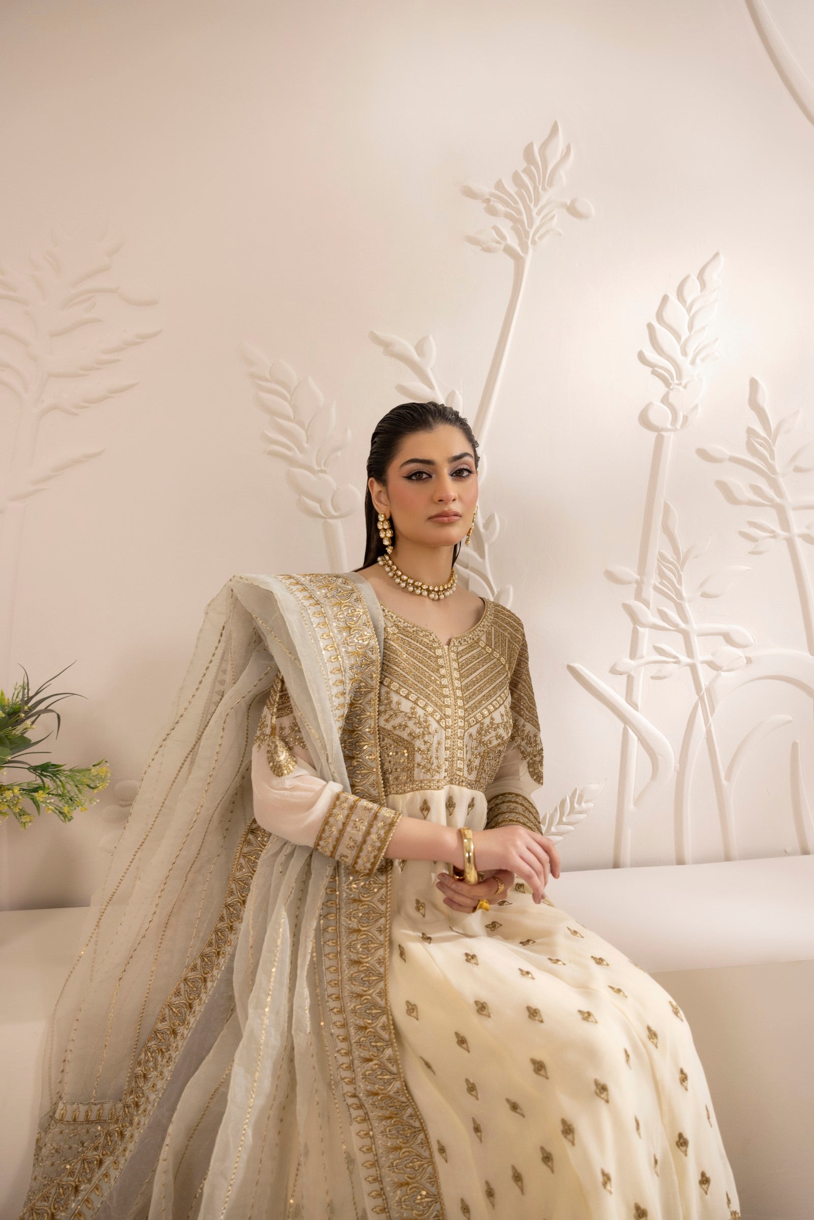 Off-White Embroidered Chiffon Anarkali (2-Piece) - Image 14