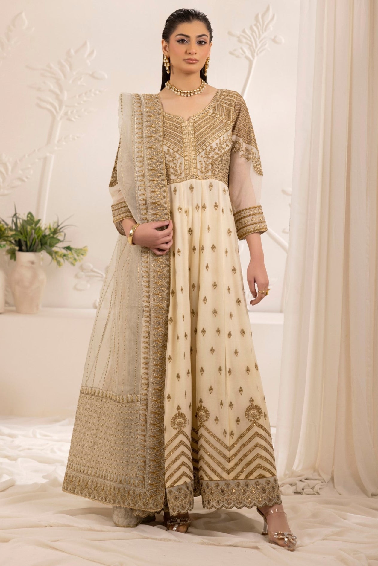 Off-White Embroidered Chiffon Anarkali (2-Piece) - Image 2