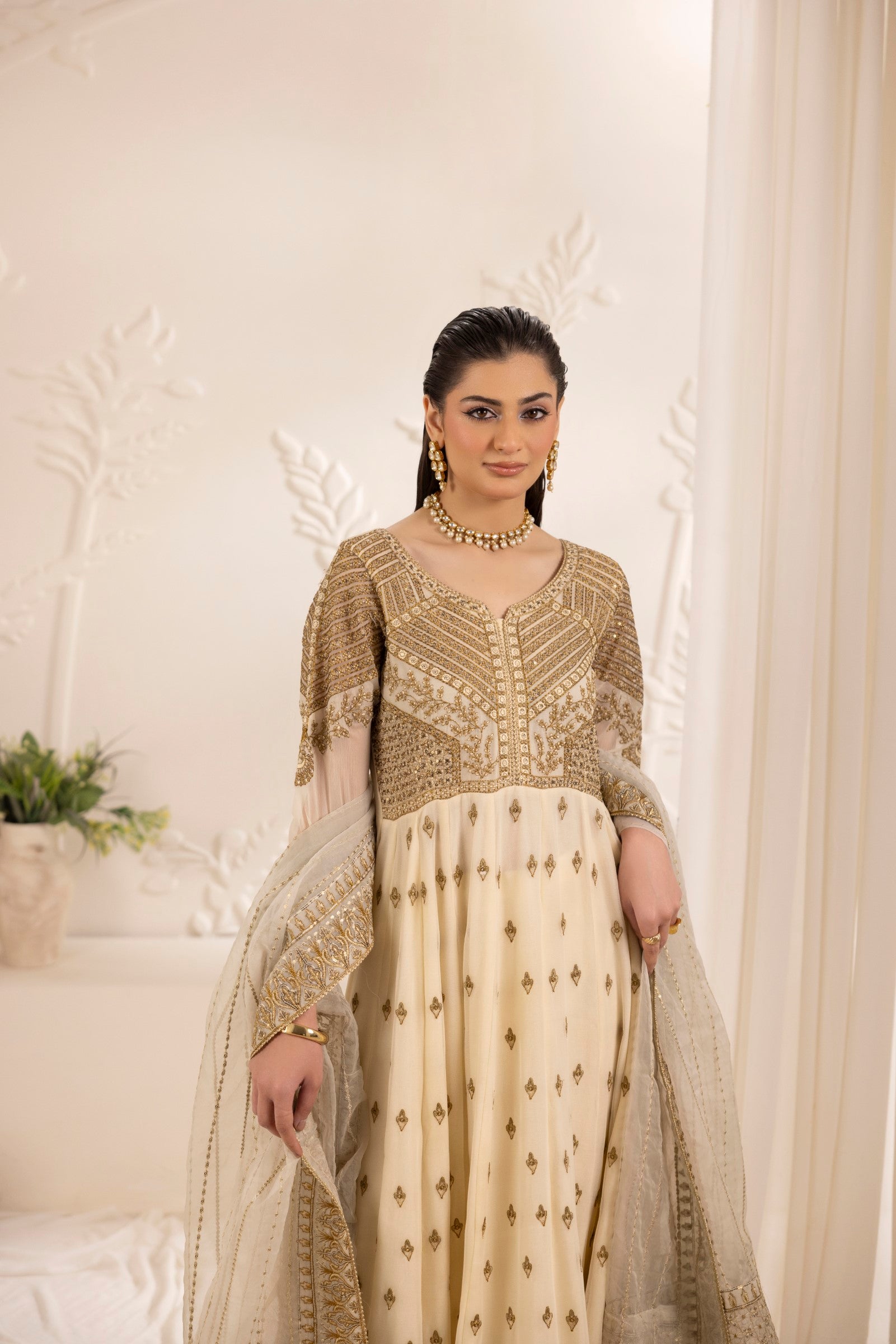 Off-White Embroidered Chiffon Anarkali (2-Piece) - Image 7