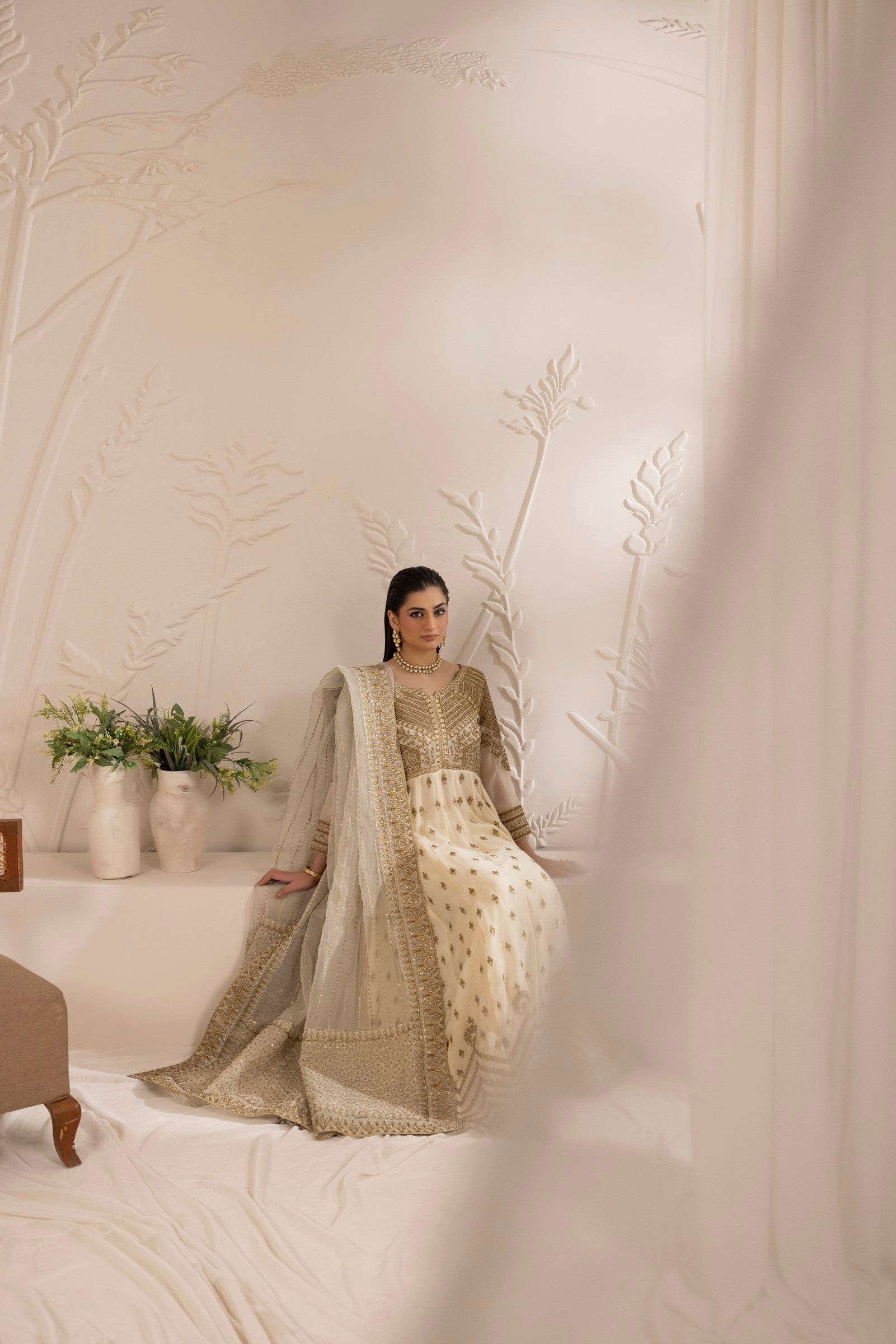 Off-White Embroidered Chiffon Anarkali (2-Piece) - Image 8