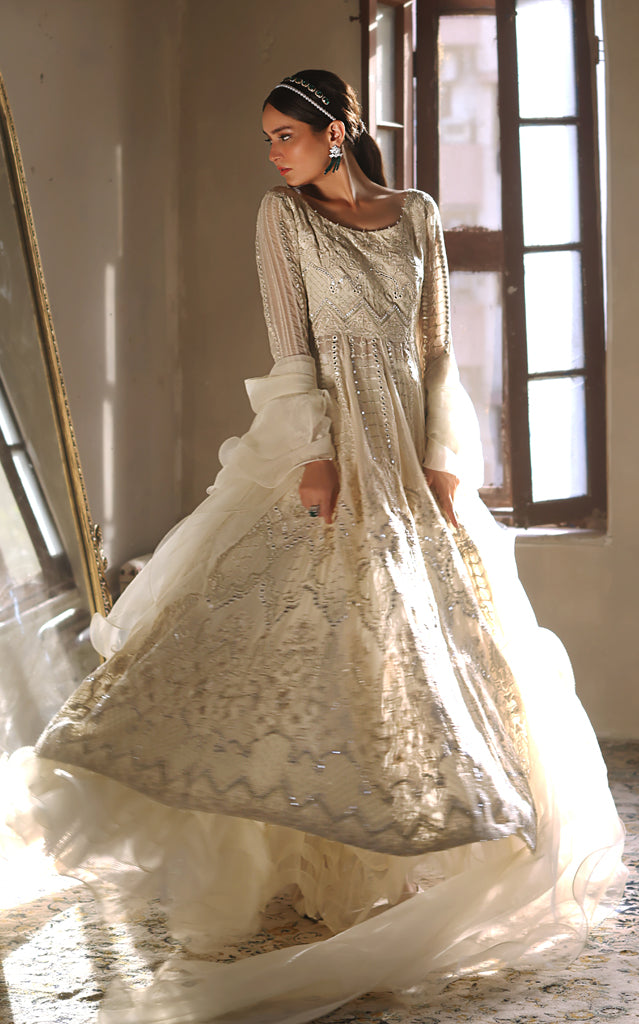 Ivory Embroidered Chiffon Anarkali Dress (2-Piece) - Image 1