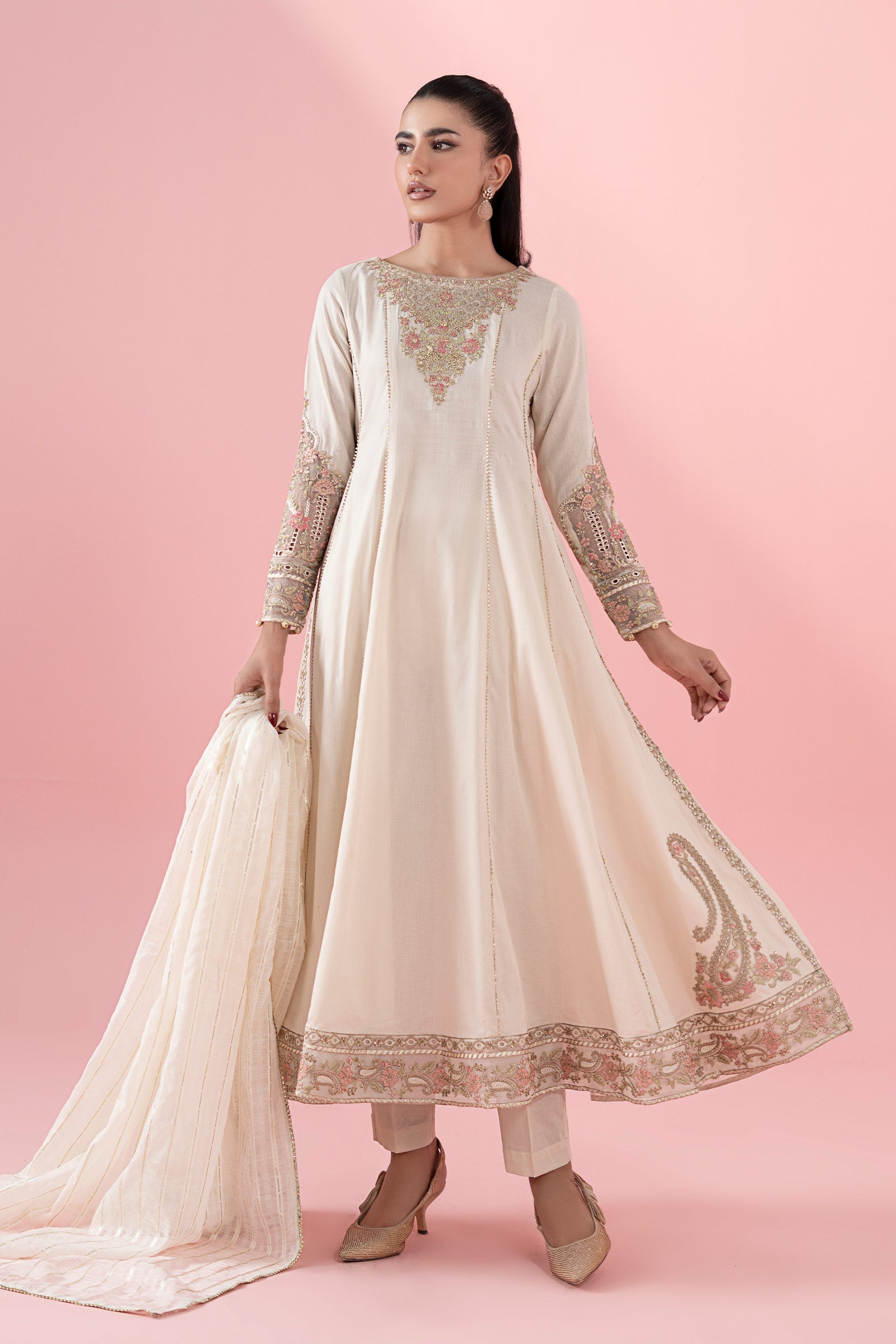 Off-White Embroidered Dobby Anarkali Dress (3-Piece) - Image 1