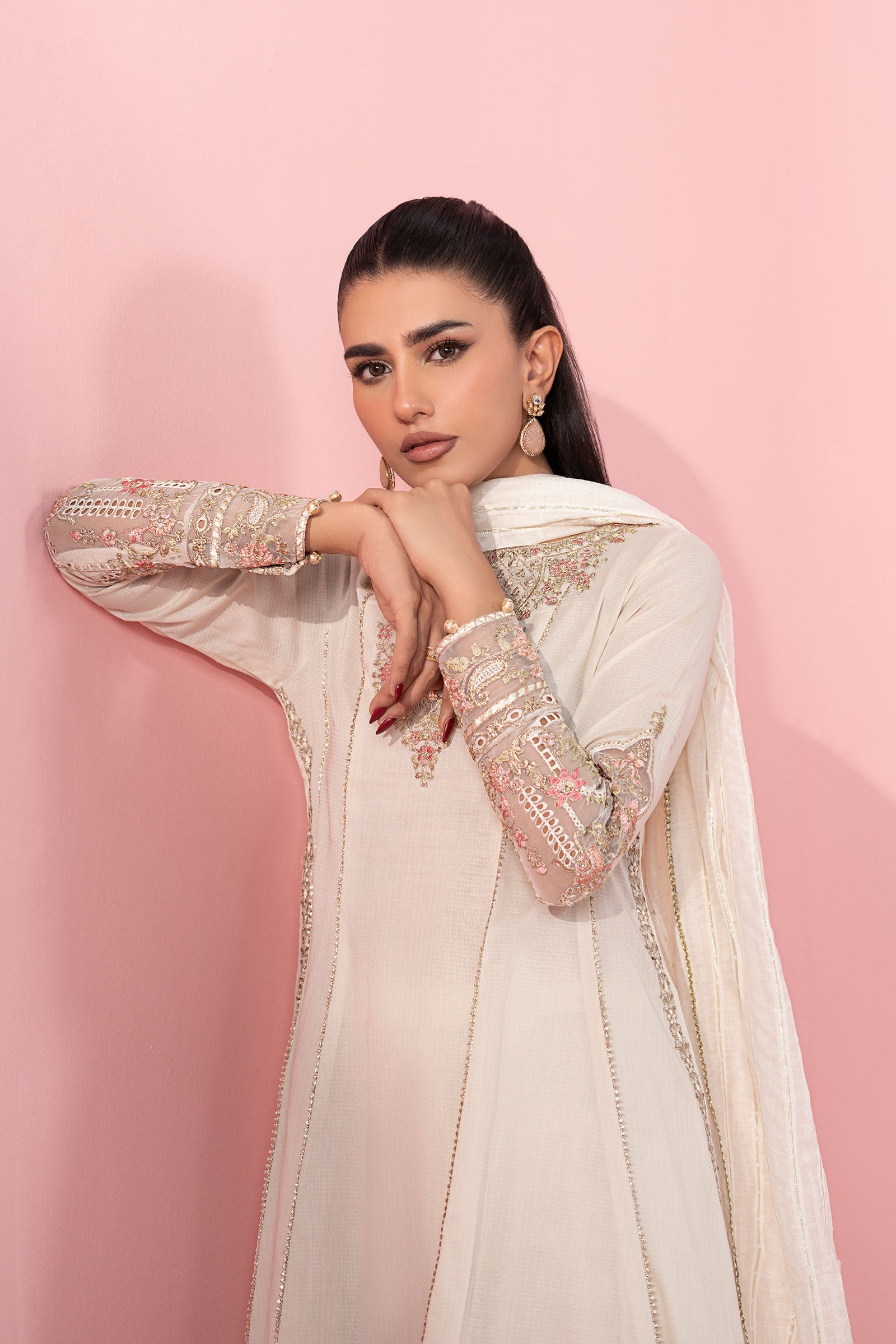 Off-White Embroidered Dobby Anarkali Dress (3-Piece) - Image 2