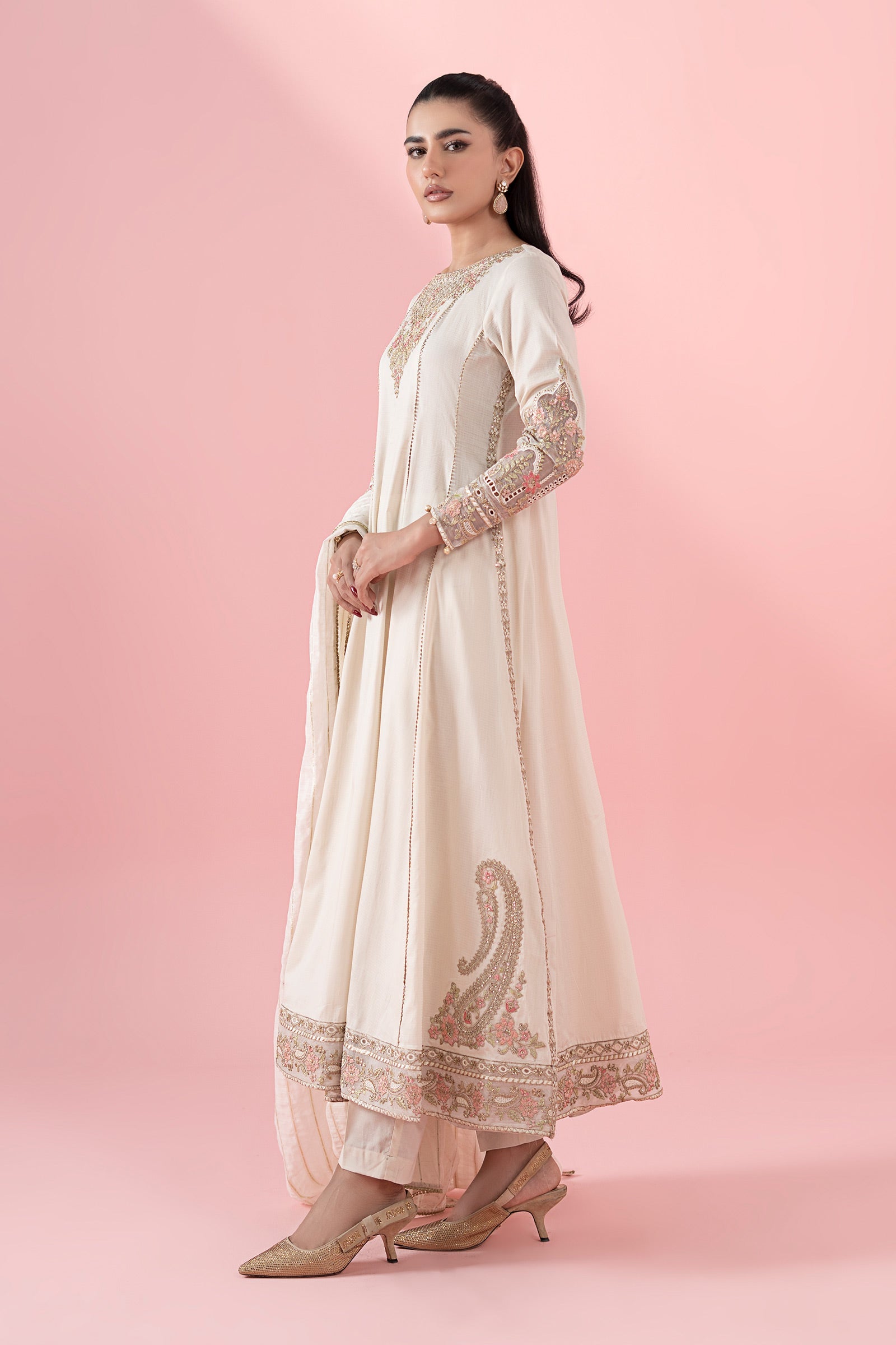Off-White Embroidered Dobby Anarkali Dress (3-Piece) - Image 3