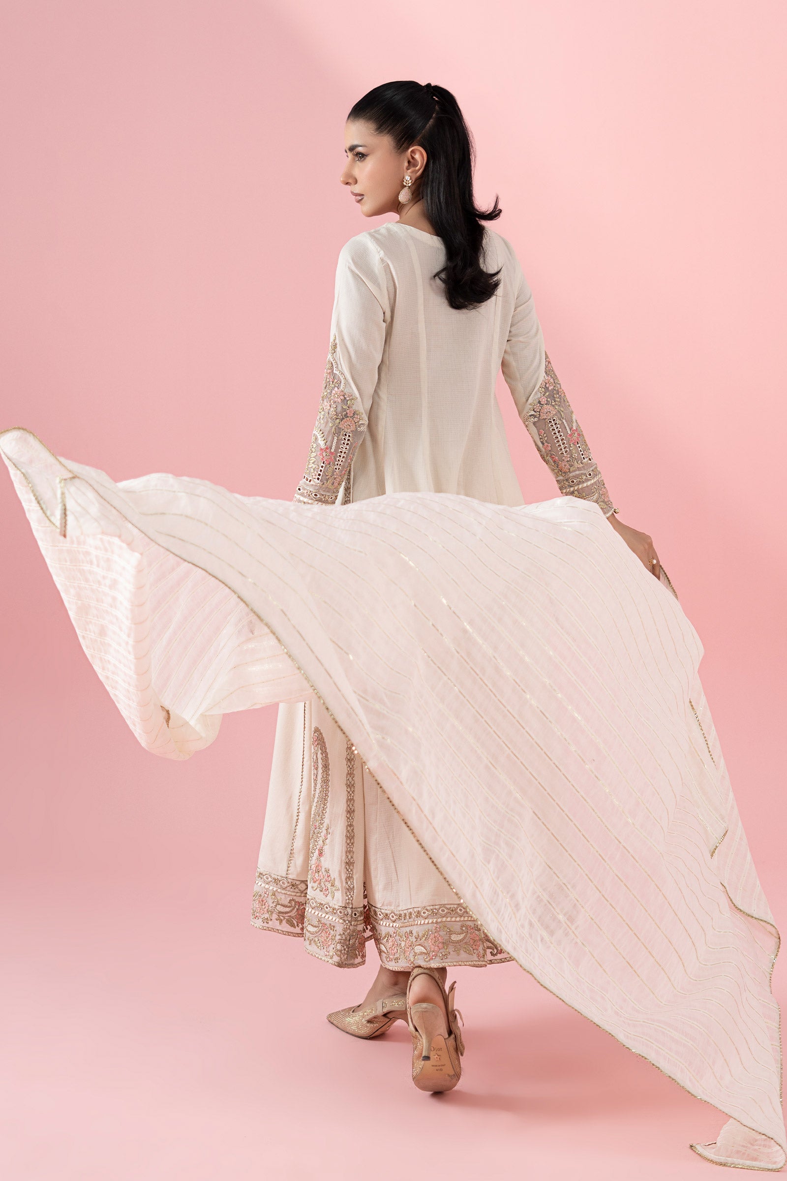 Off-White Embroidered Dobby Anarkali Dress (3-Piece) - Image 4