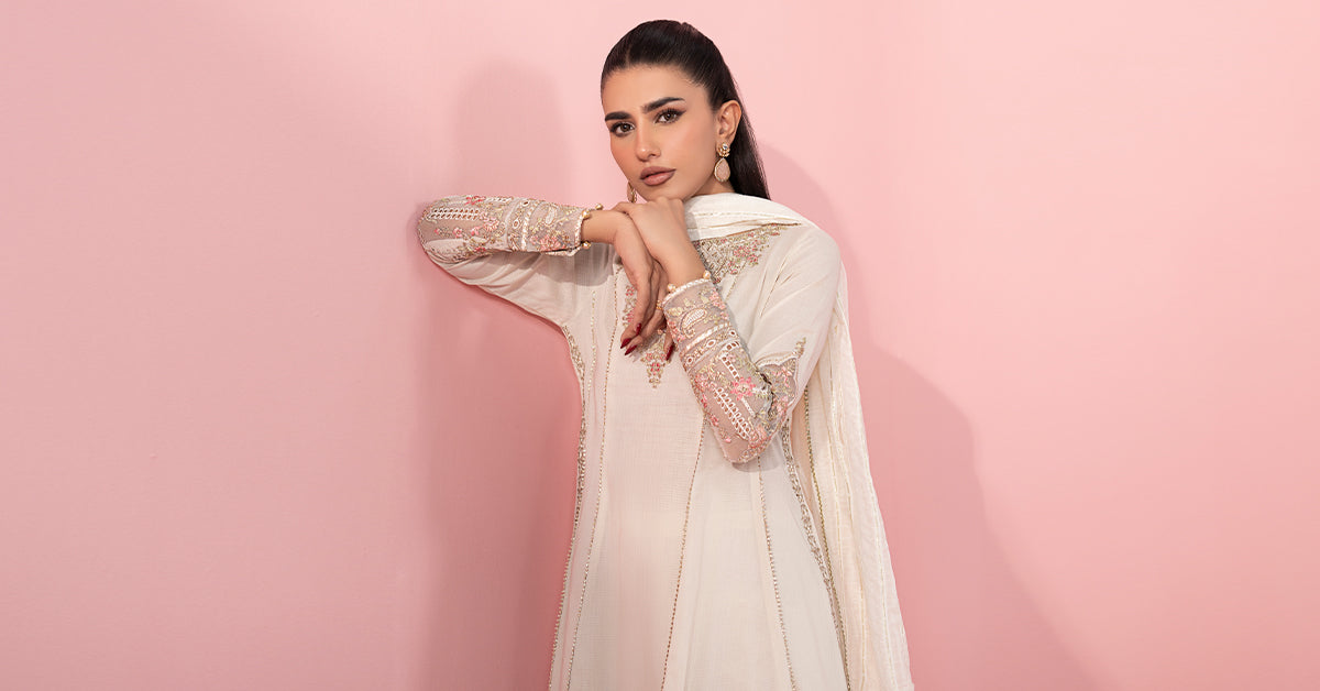 Off-White Embroidered Dobby Anarkali Dress (3-Piece) - Image 5