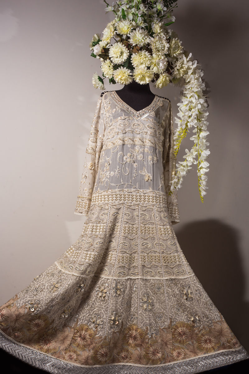 Ivory Chicken Kari Chiffon & Net Anarkali (1-Pc) - Image 3