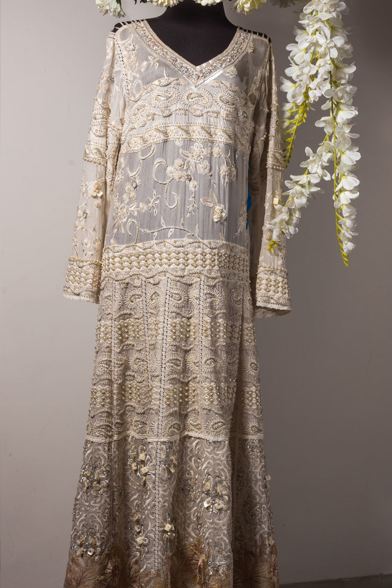 Ivory Chicken Kari Chiffon & Net Anarkali (1-Pc) - Image 5