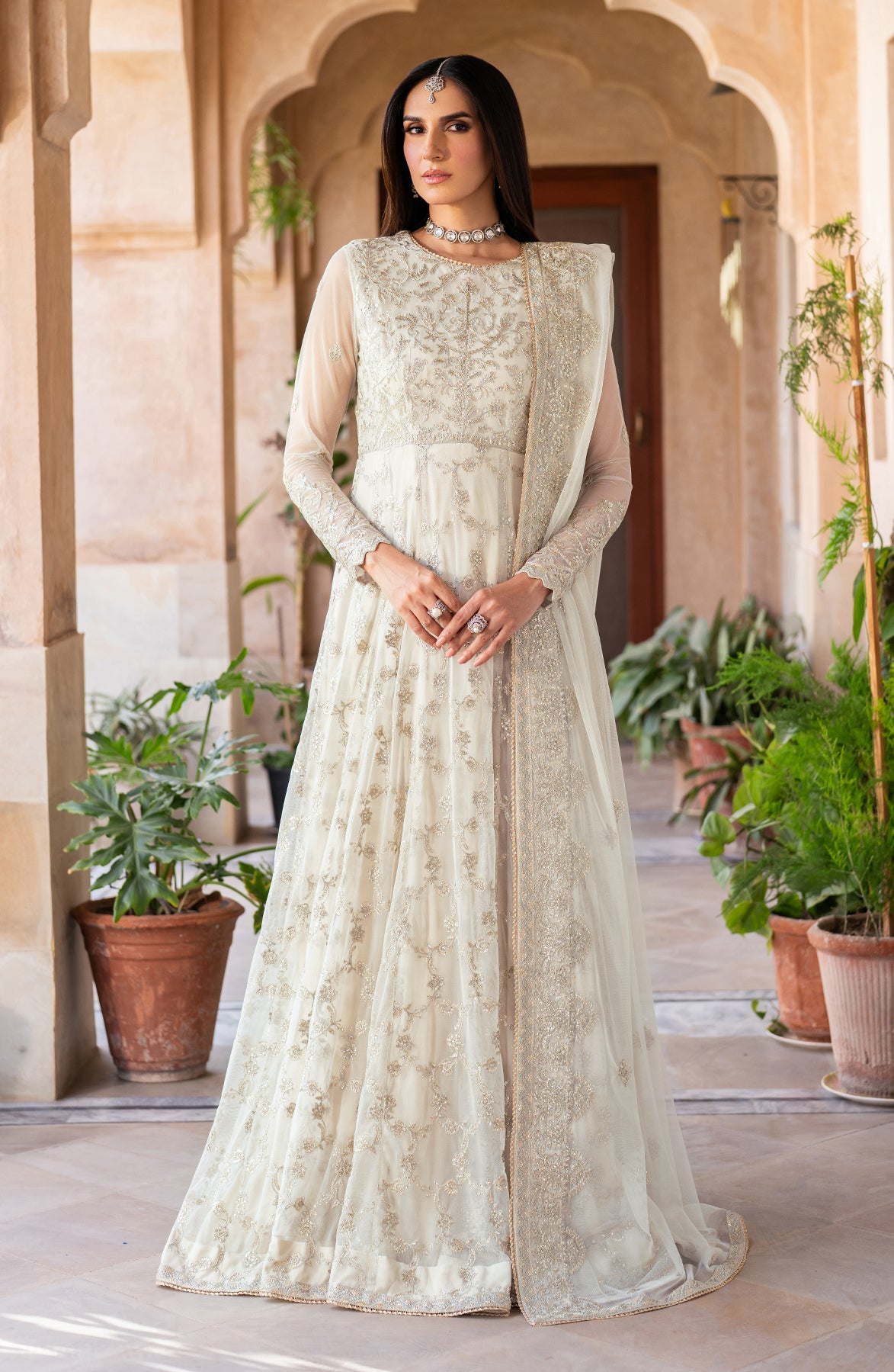 Pakistani Ivory Sequin Embroidered Net Anarkali Dress (3-Piece) - Image 1