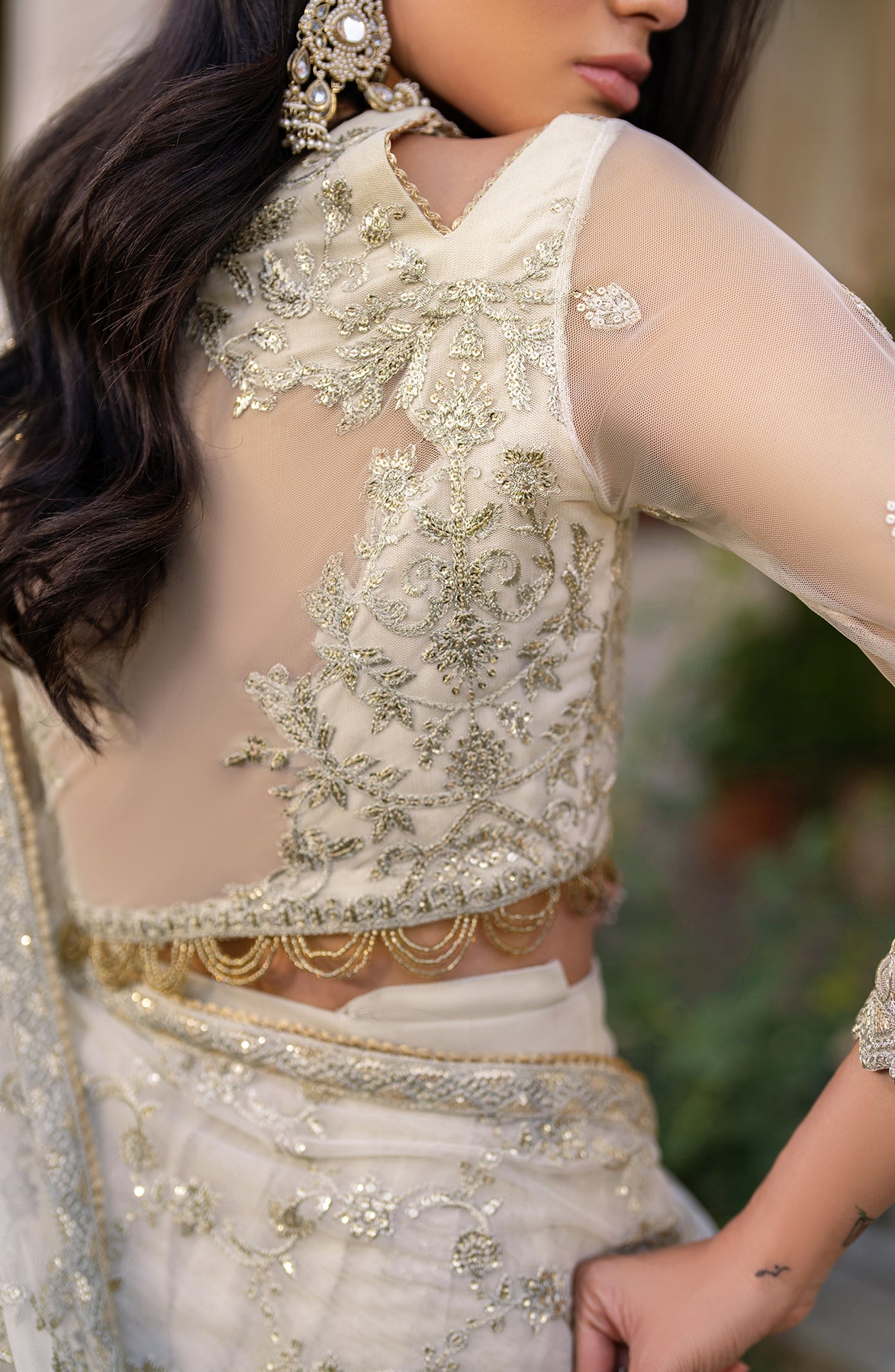 Pakistani Ivory Sequin Embroidered Net Anarkali Dress (3-Piece) - Image 10