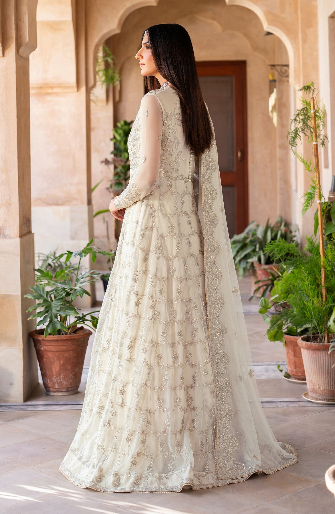 Pakistani Ivory Sequin Embroidered Net Anarkali Dress (3-Piece) - Image 2