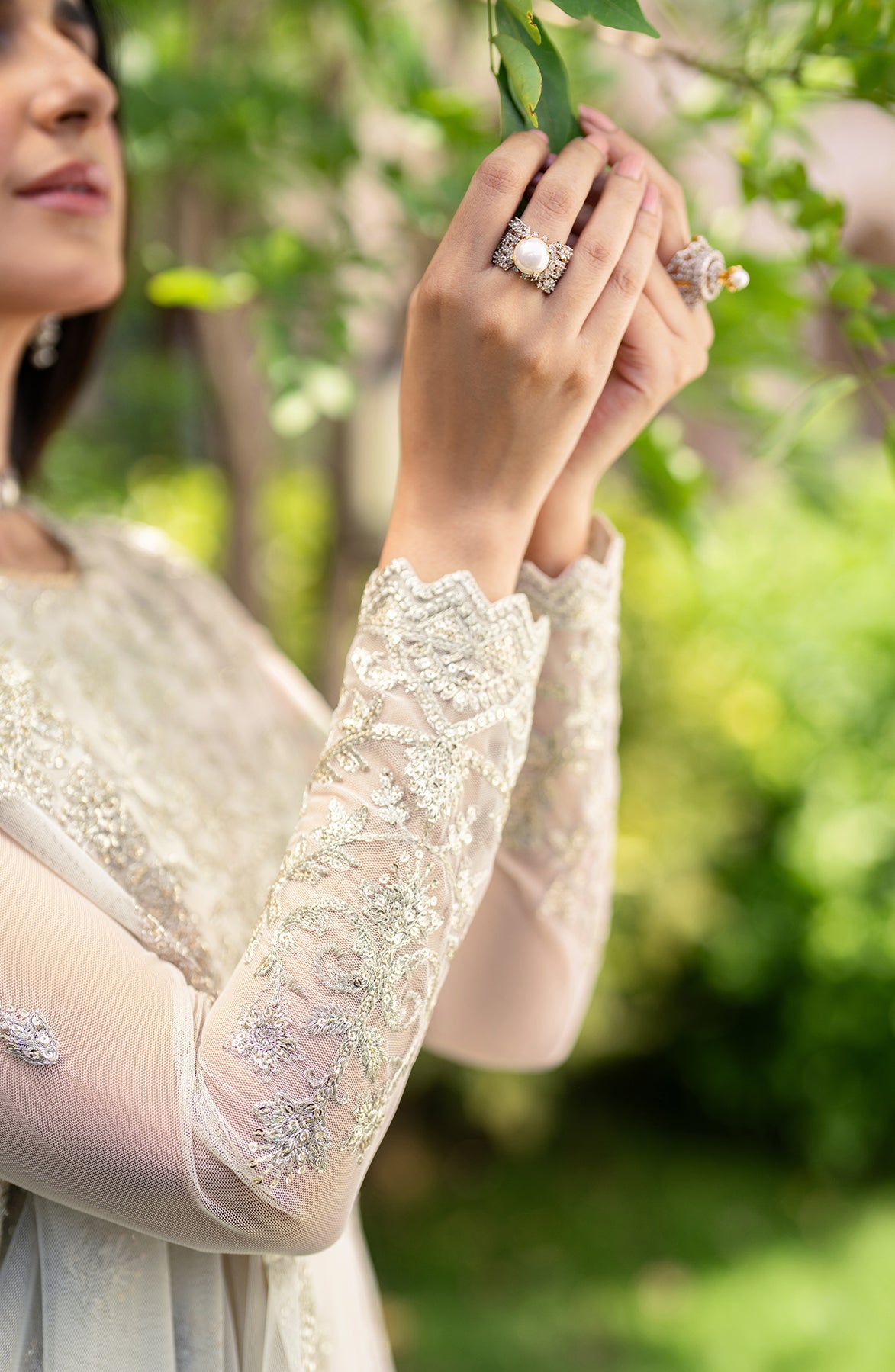 Pakistani Ivory Sequin Embroidered Net Anarkali Dress (3-Piece) - Image 5