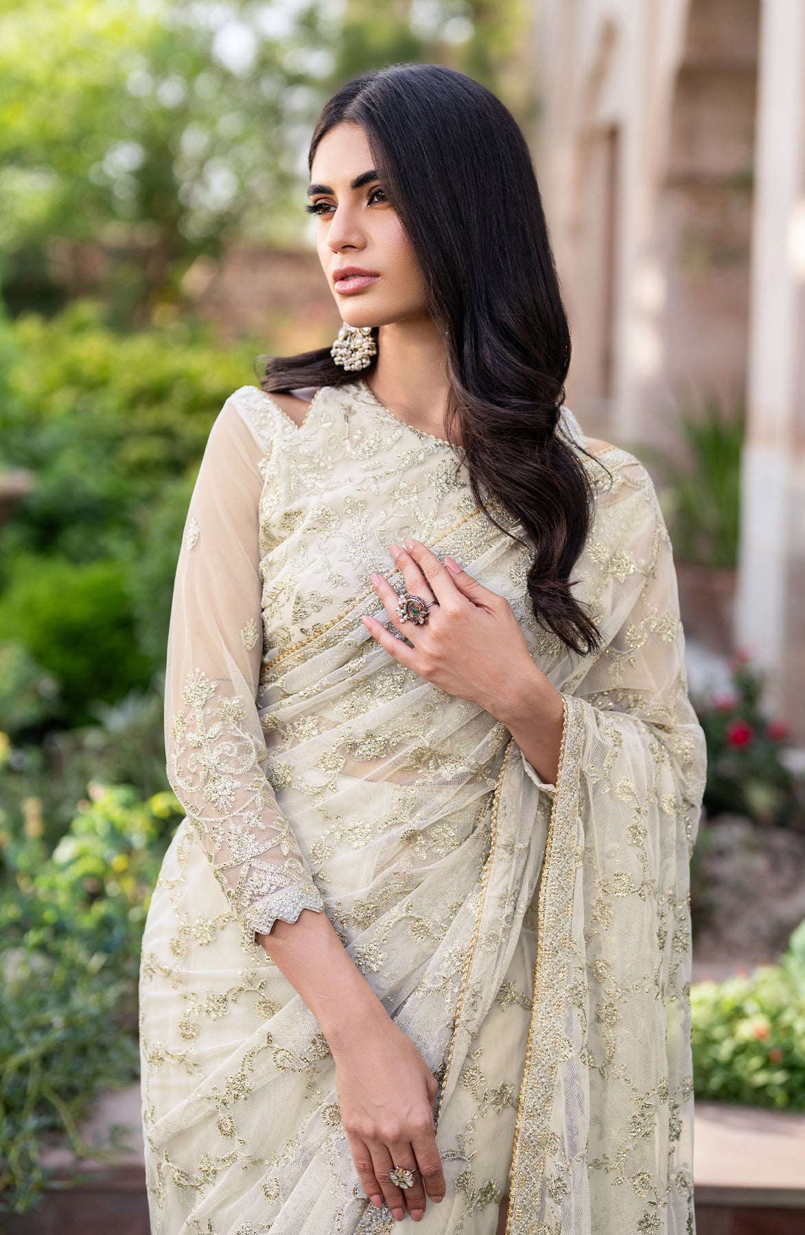 Pakistani Ivory Sequin Embroidered Net Anarkali Dress (3-Piece) - Image 8