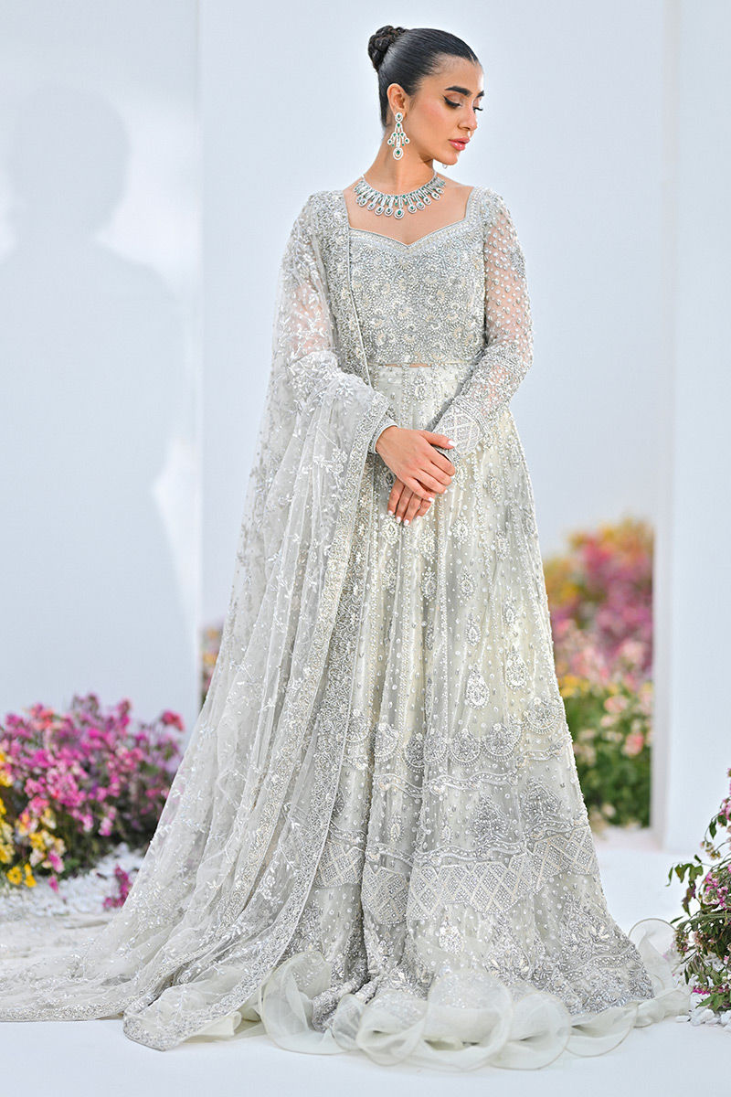 Pakistani Ivory Sequined Net Kalidar Gown (2-Piece) - Image 1