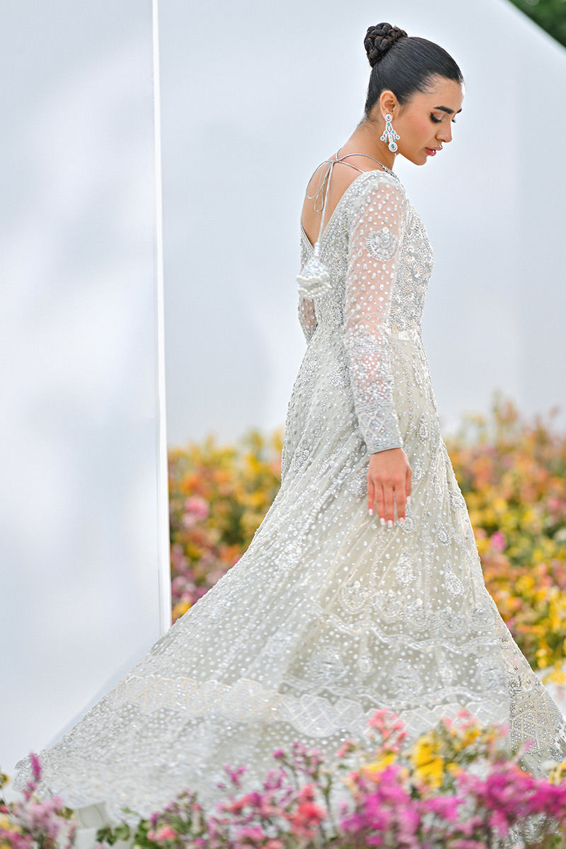 Pakistani Ivory Sequined Net Kalidar Gown (2-Piece) - Image 5