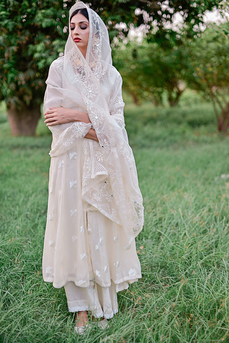 Ivory Embroidered Kora Cotton Anarkali (3-Piece) - Image 1