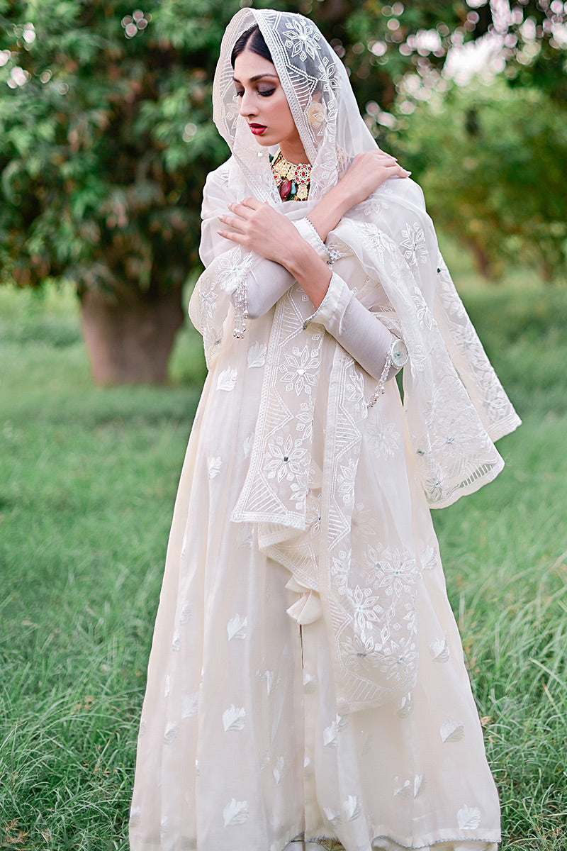 Ivory Embroidered Kora Cotton Anarkali (3-Piece) - Image 2