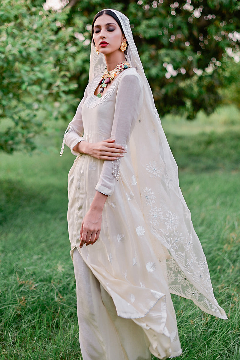 Ivory Embroidered Kora Cotton Anarkali (3-Piece) - Image 3