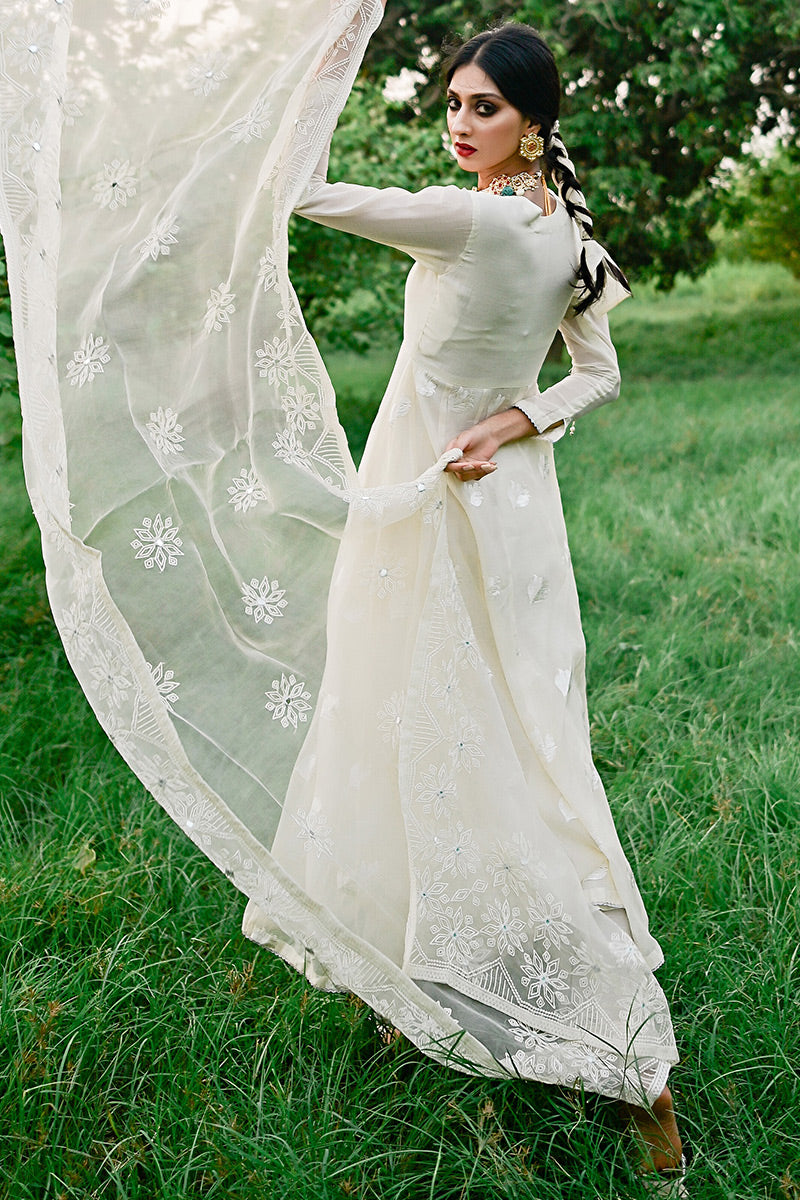 Ivory Embroidered Kora Cotton Anarkali (3-Piece) - Image 4