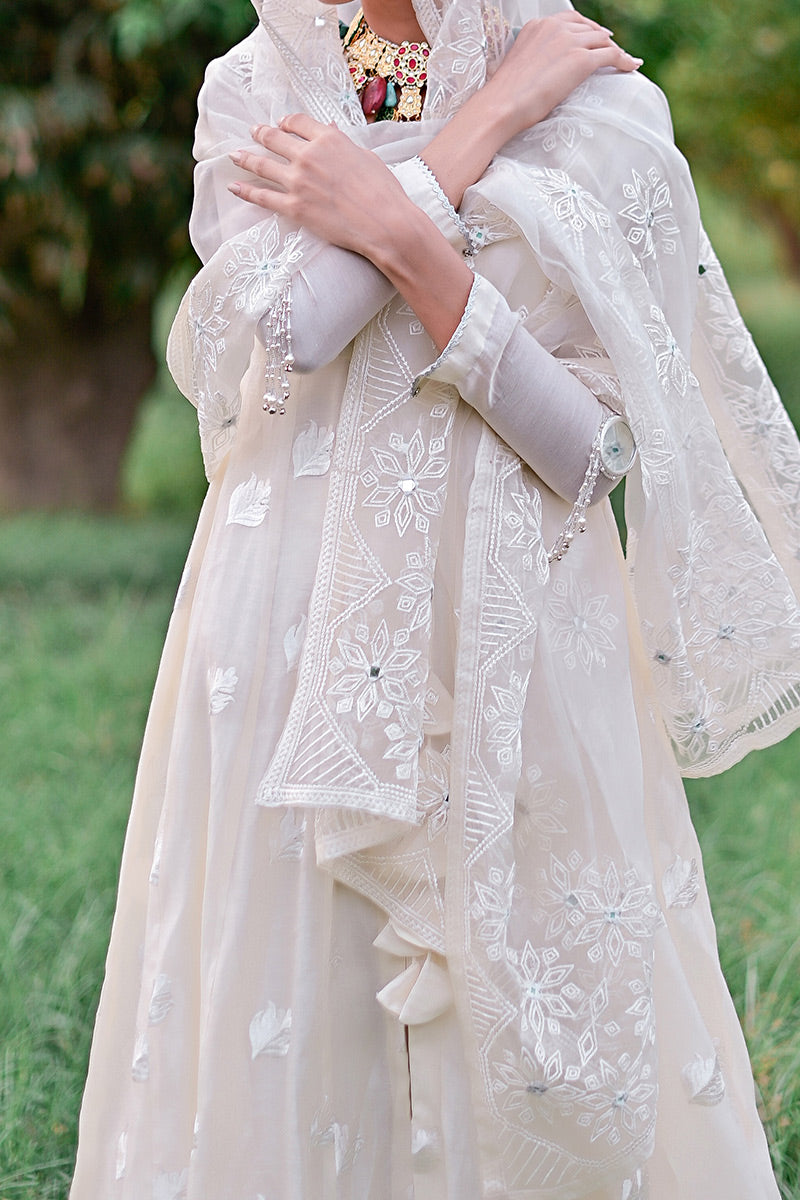Ivory Embroidered Kora Cotton Anarkali (3-Piece) - Image 5