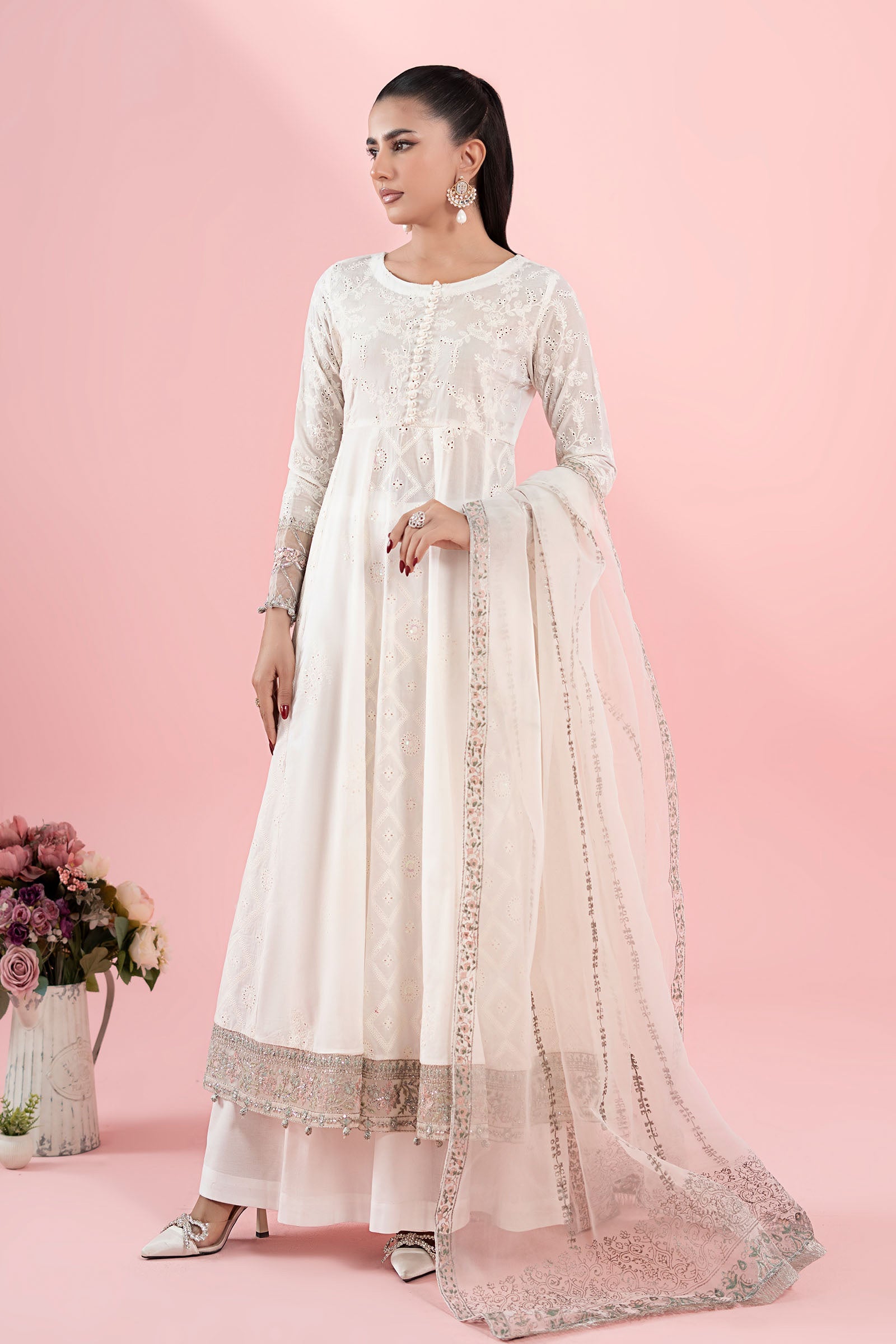 Off-White Embroidered Lawn Anarkali Dress (3-Piece) - Image 1