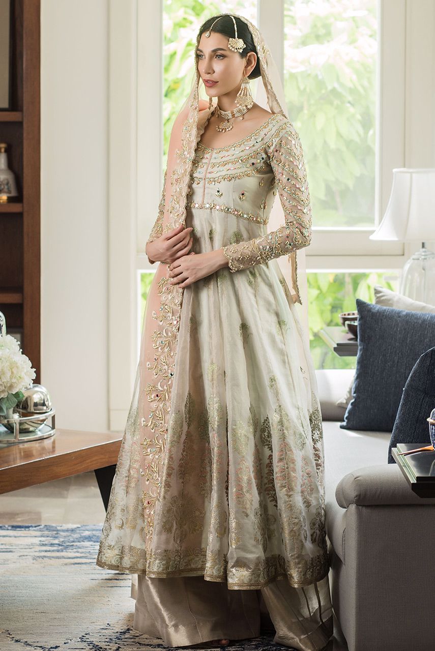 Pakistani Ivory Zardozi Mirror Work Maisori Anarkali (3-Piece) - Image 1